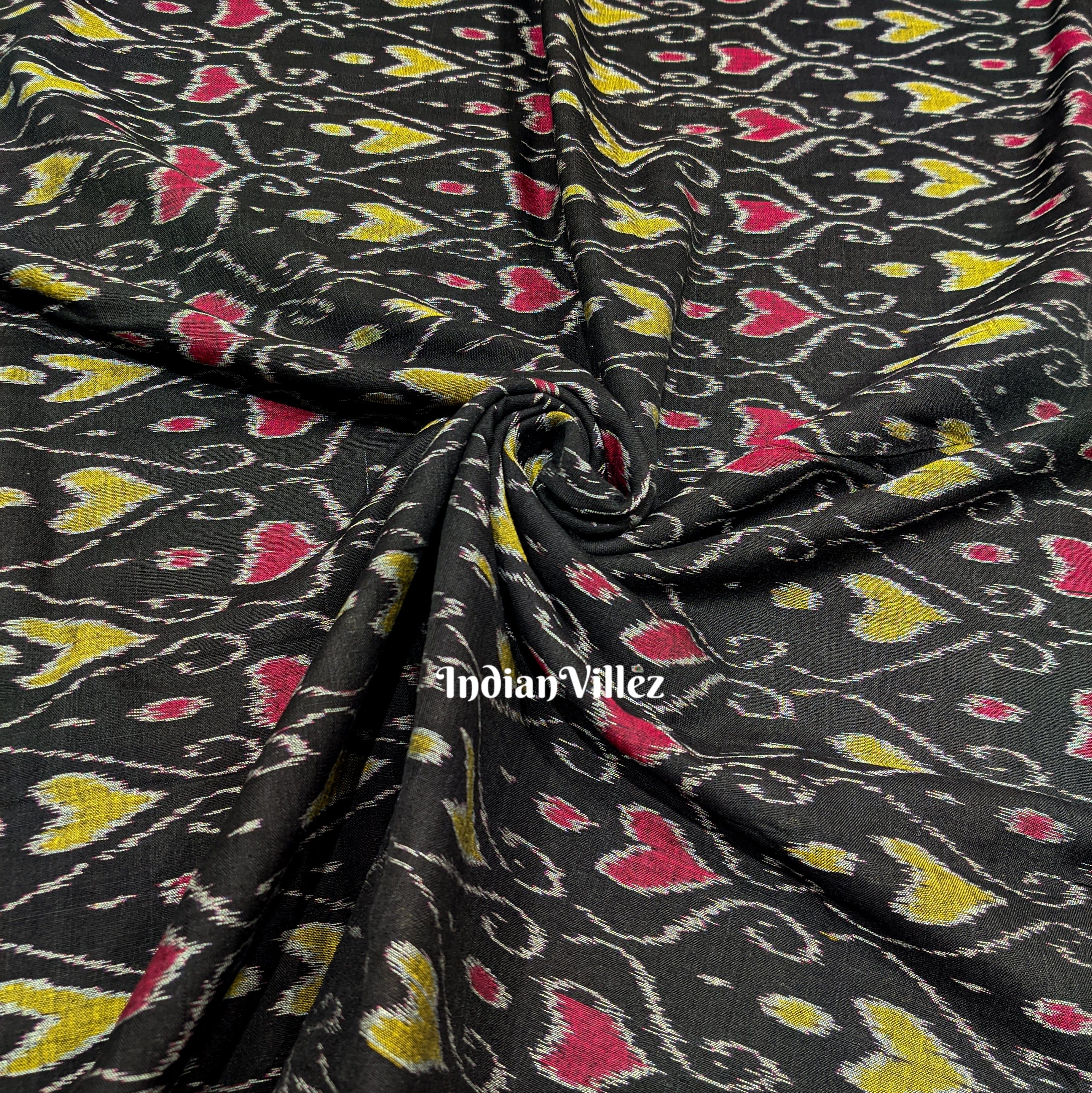 Black with Multicolor Hearts Odisha Handloom Cotton Ikat Fabric