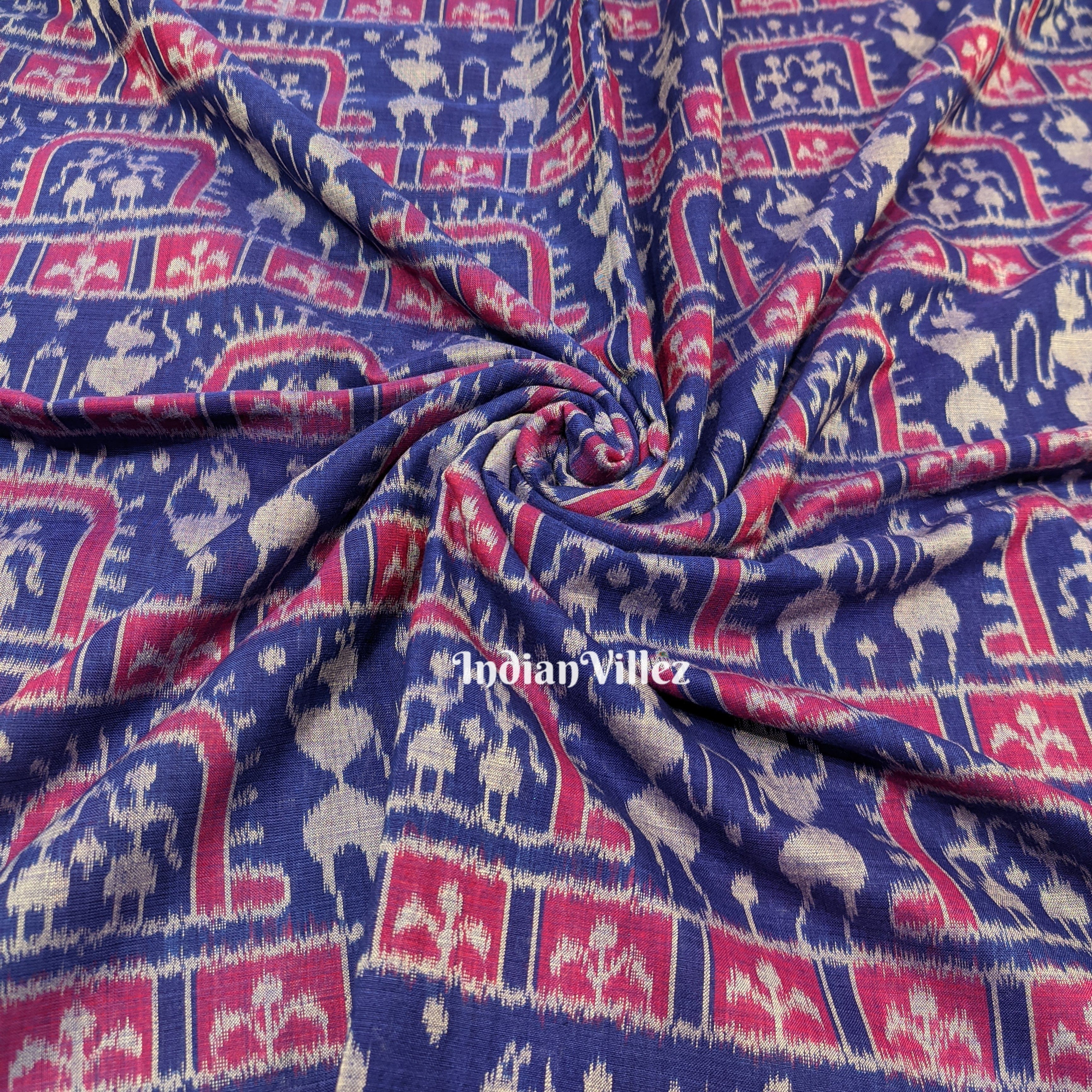 Blue Pink Tribal Motifs Sambalpuri Ikat Cotton Fabric