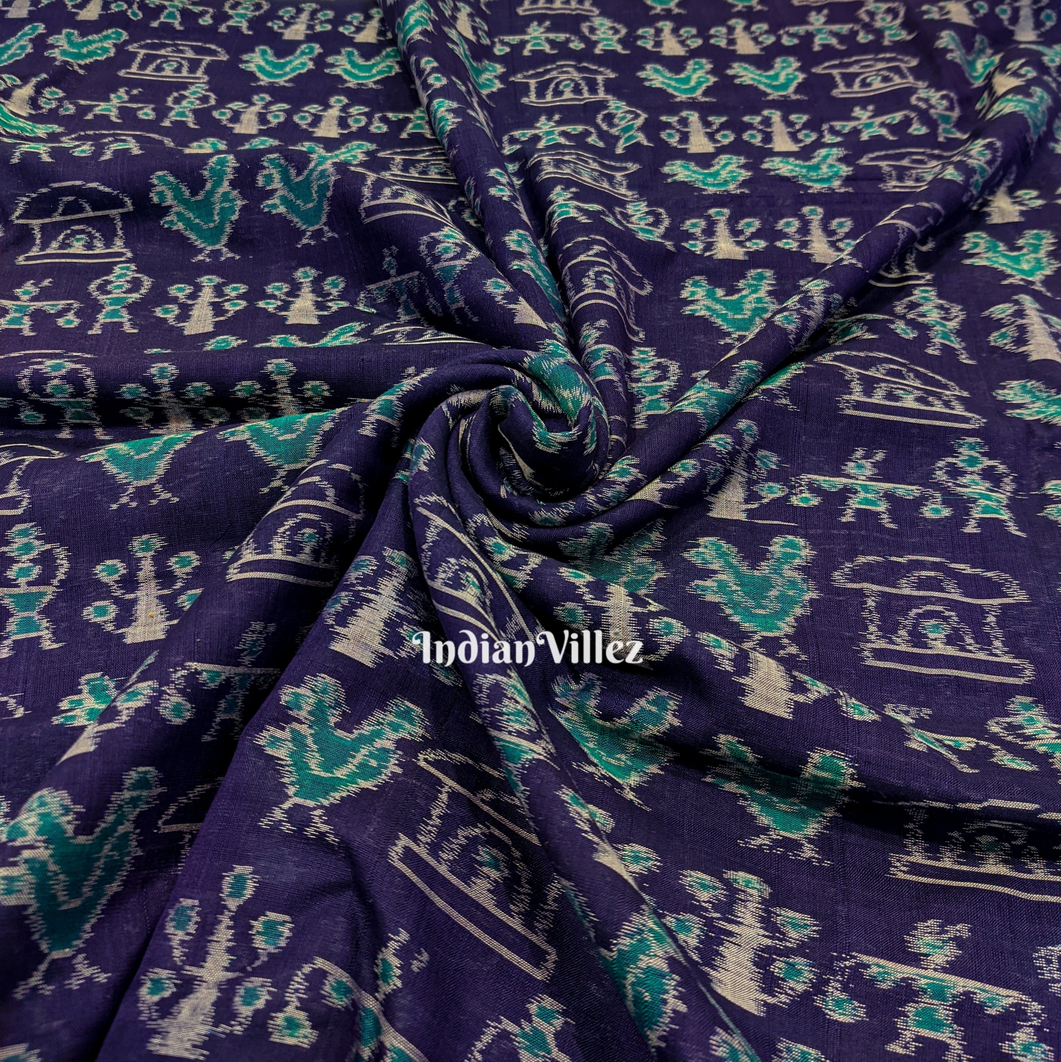 Navi Blue Tribal Motifs Odisha Handloom Cotton Ikat Fabric