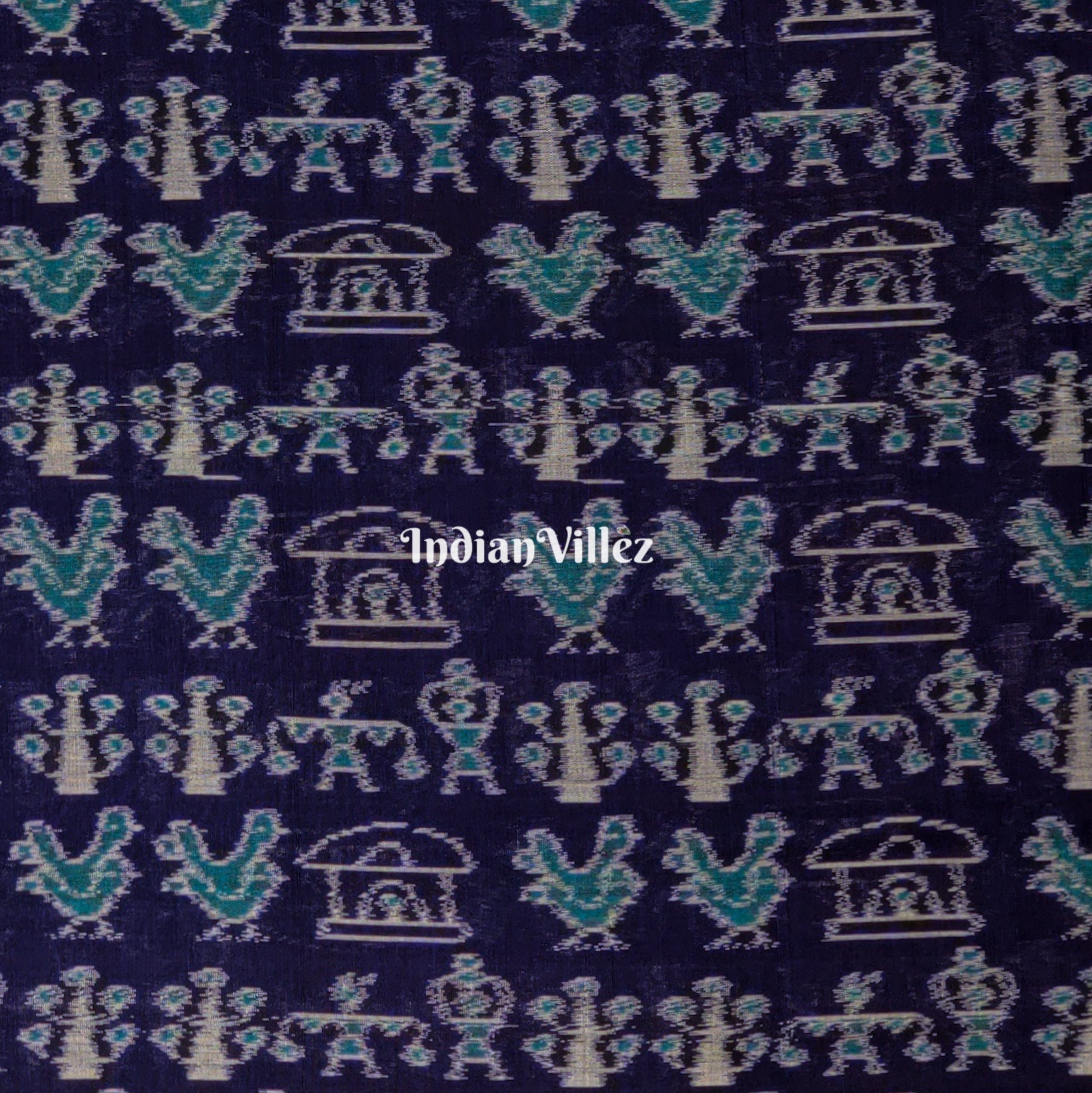 Navi Blue Tribal Motifs Odisha Handloom Cotton Ikat Fabric