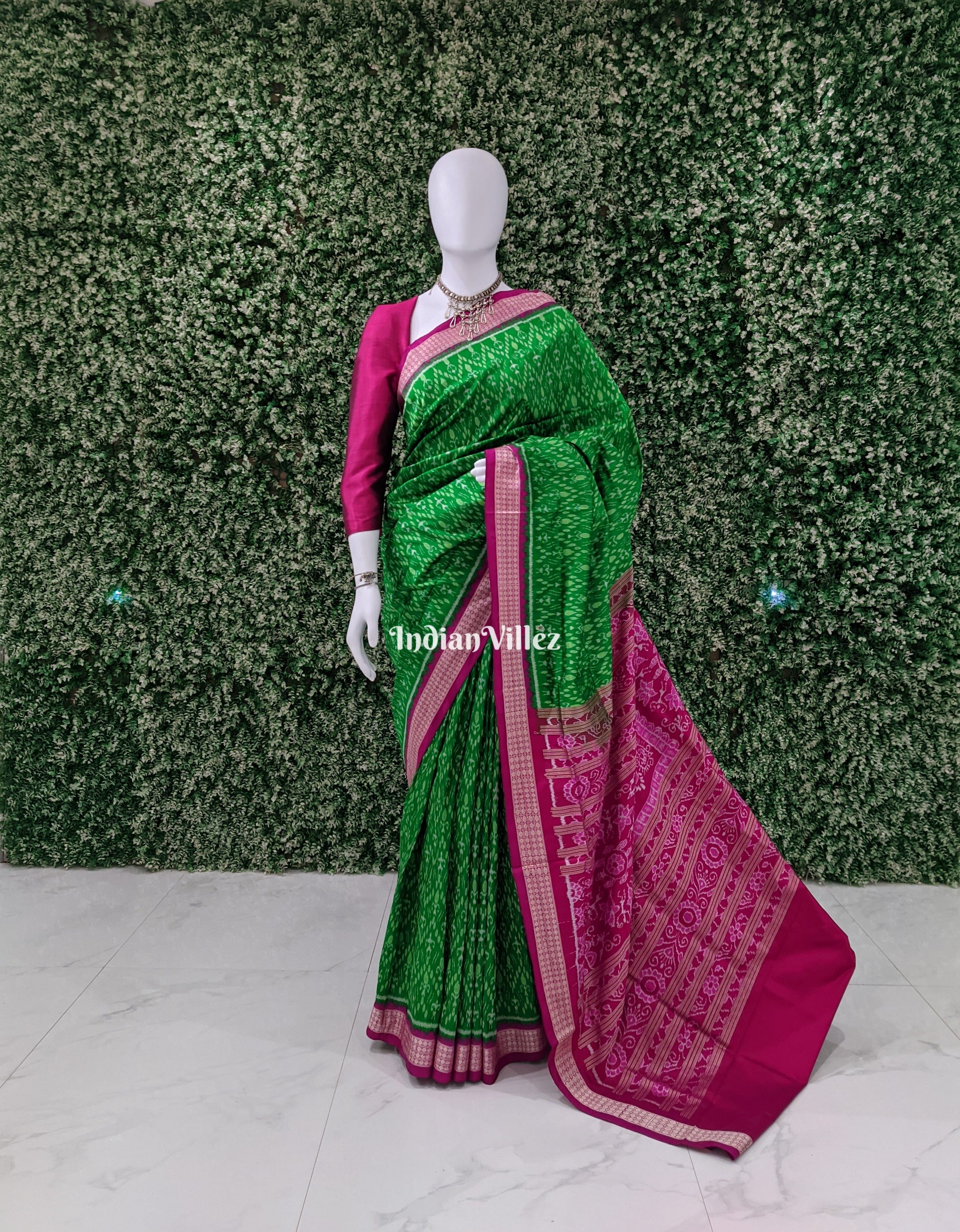 Green Pink Tribal Sambalpuri Ikat Silk Saree