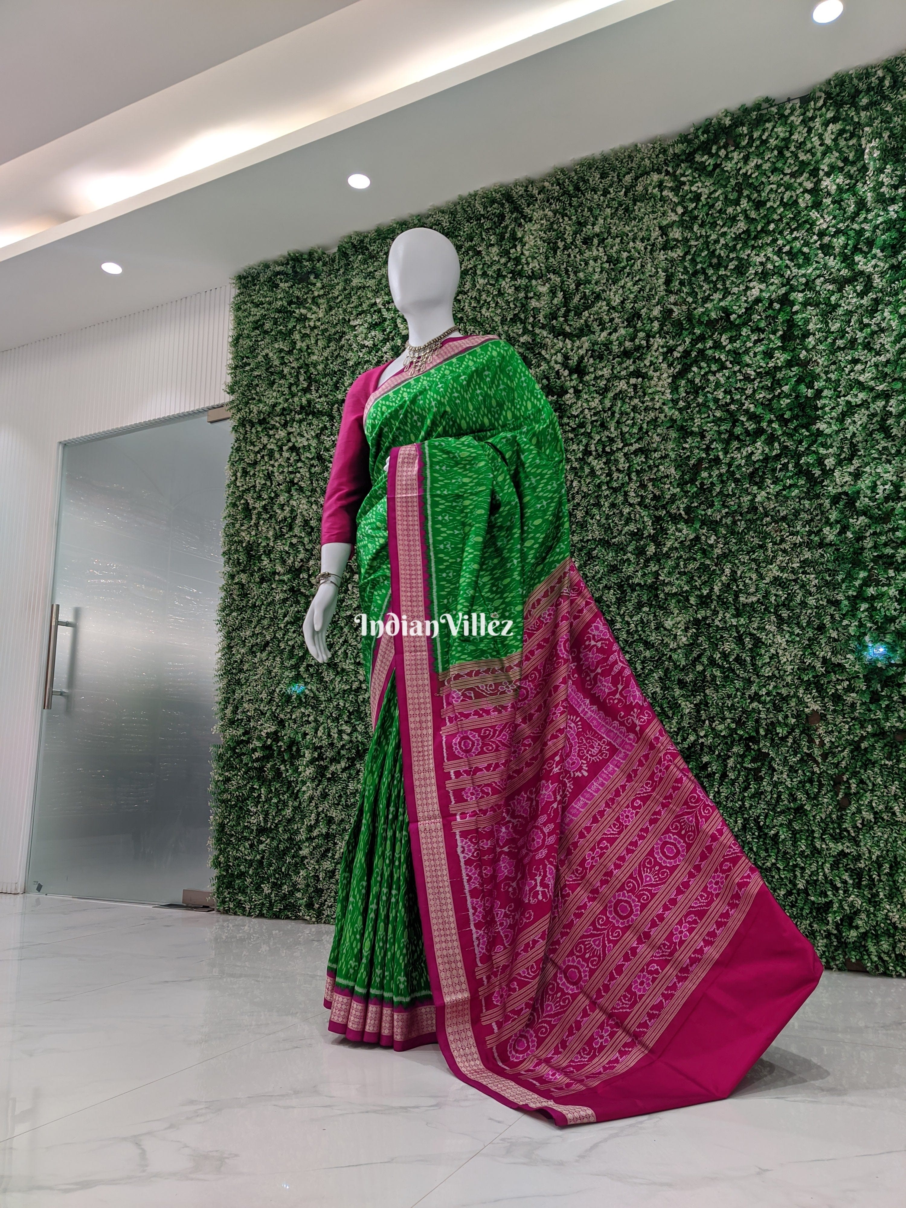 Green Pink Tribal Sambalpuri Ikat Silk Saree