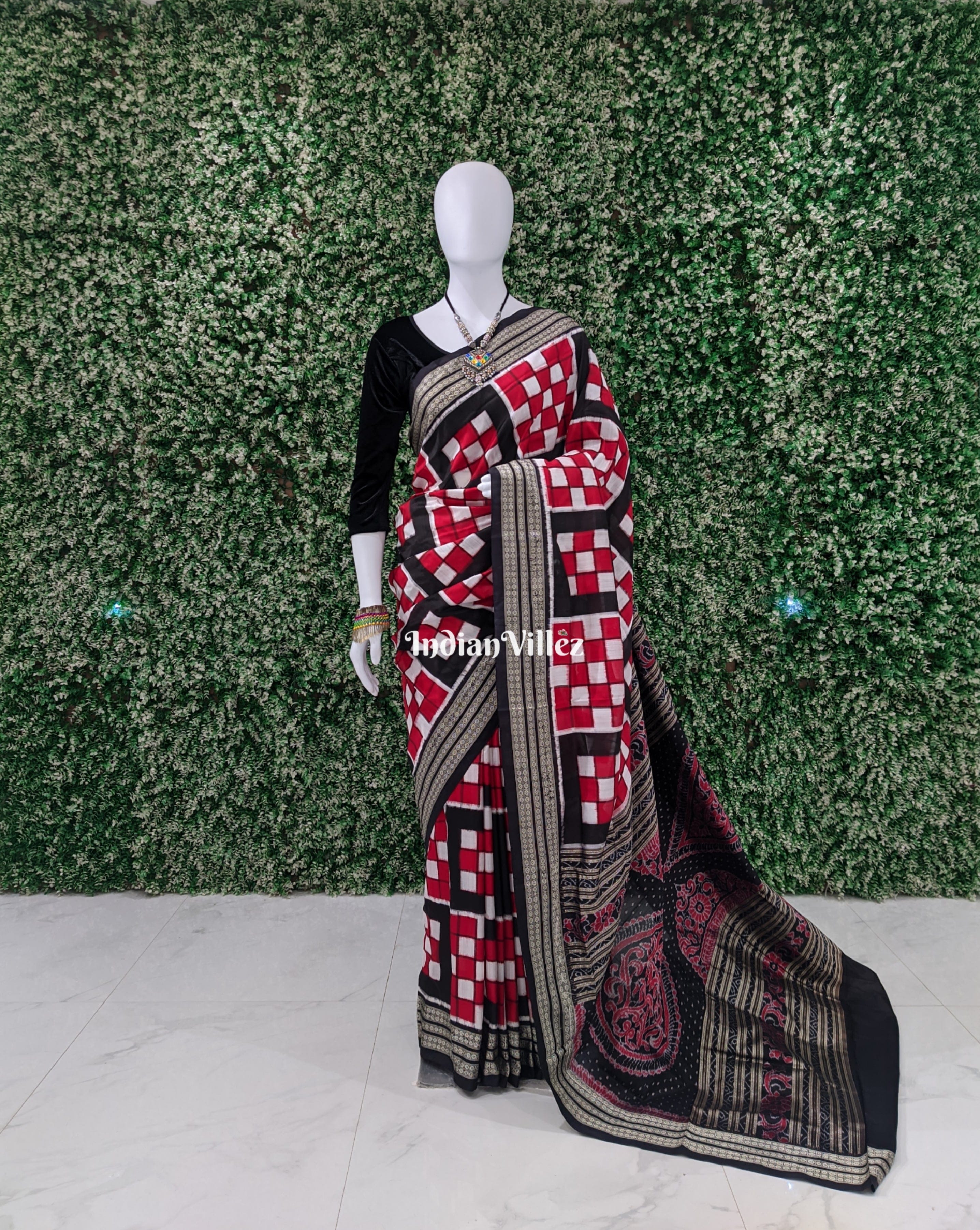 Black Red 5 Kothi Bada Pasapali Sambalpuri Silk Saree