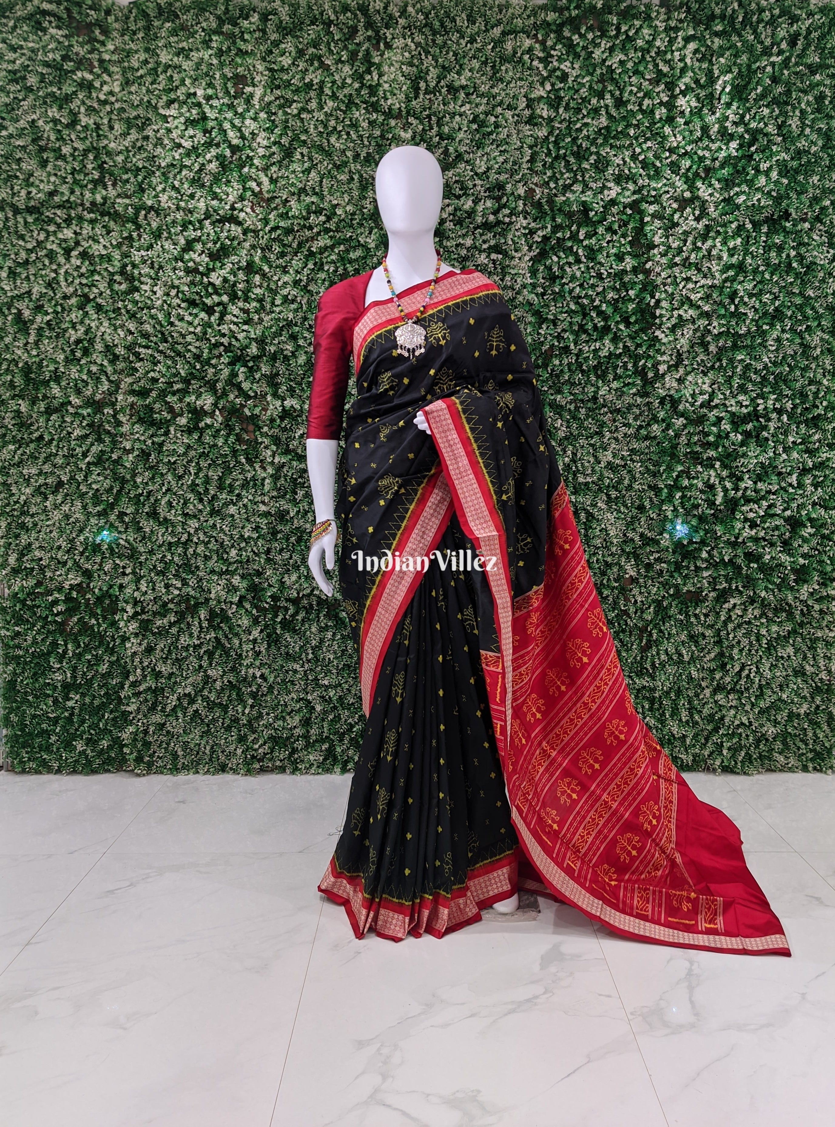 Tree Themed Black Red Sambalpuri Ikat Silk Saree