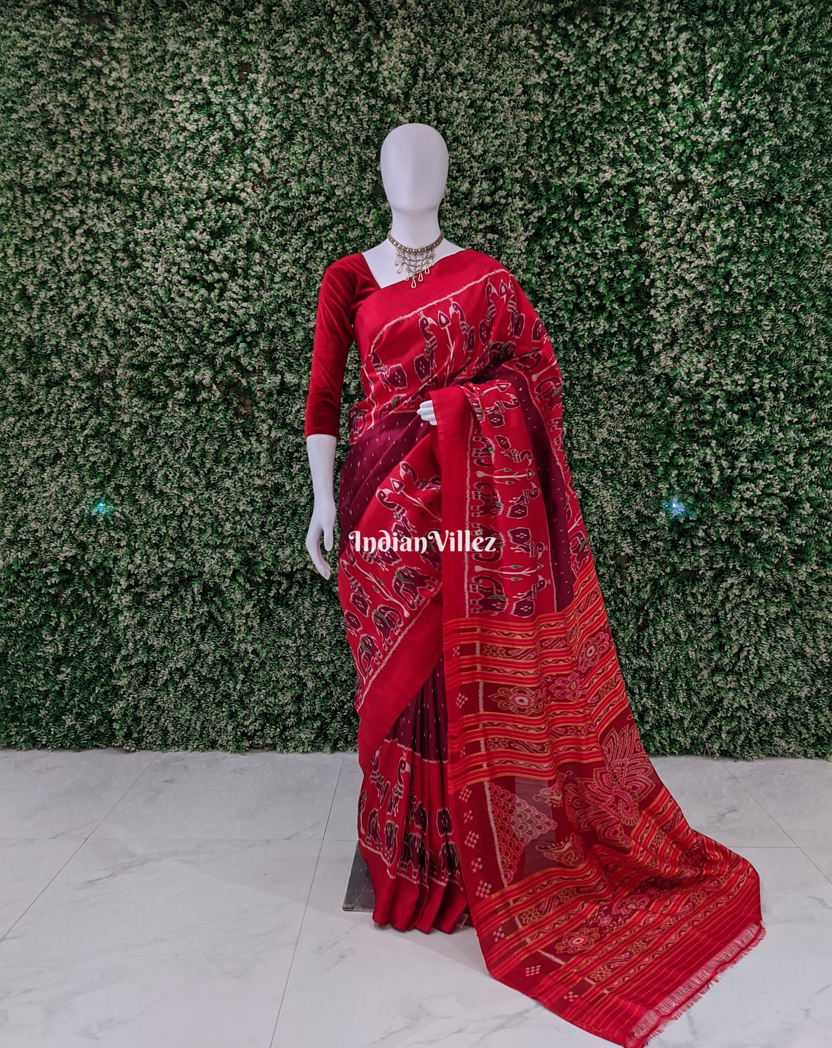 Red Animal Theme Designer Odisha Ikat Silk Saree