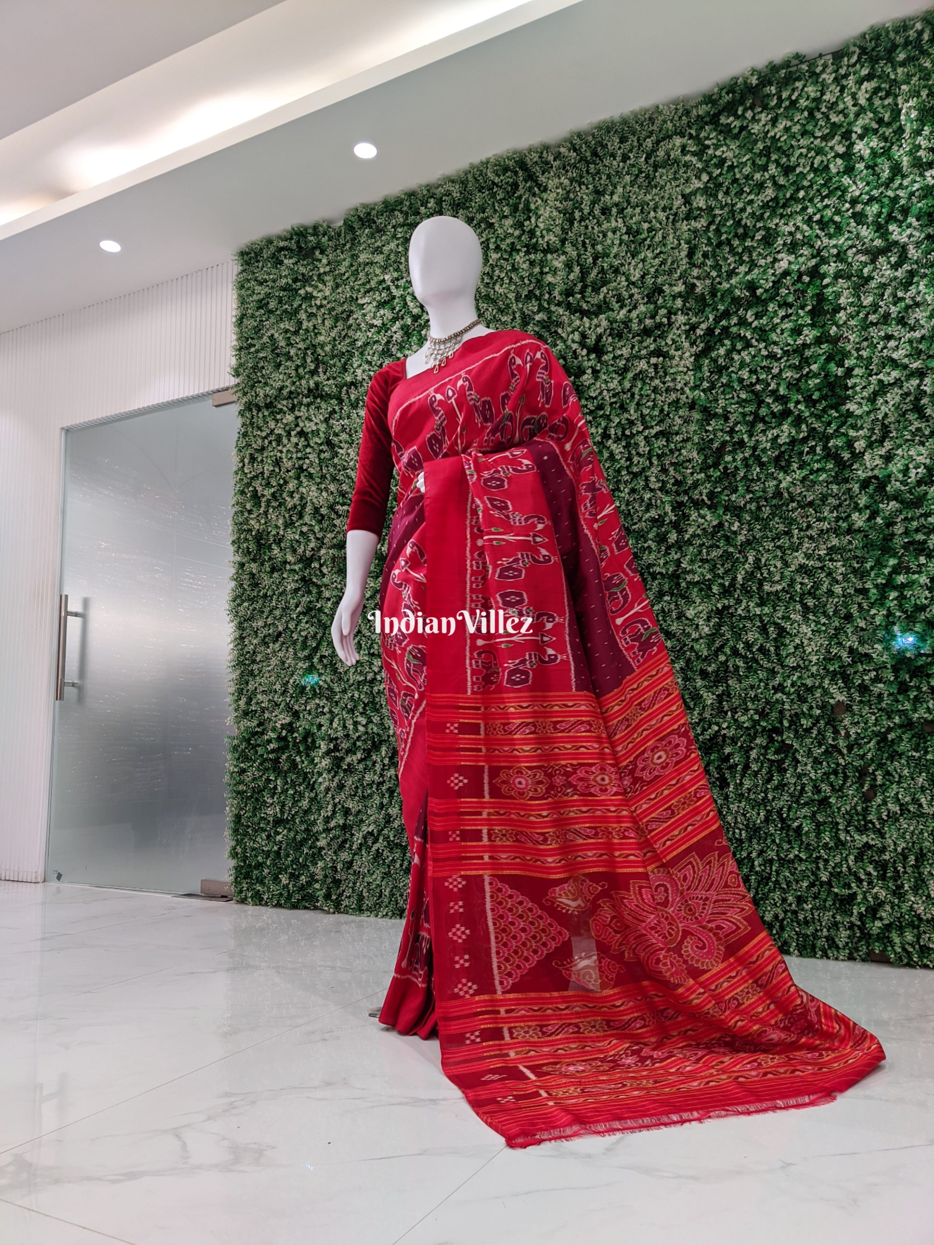 Red Animal Theme Designer Odisha Ikat Silk Saree