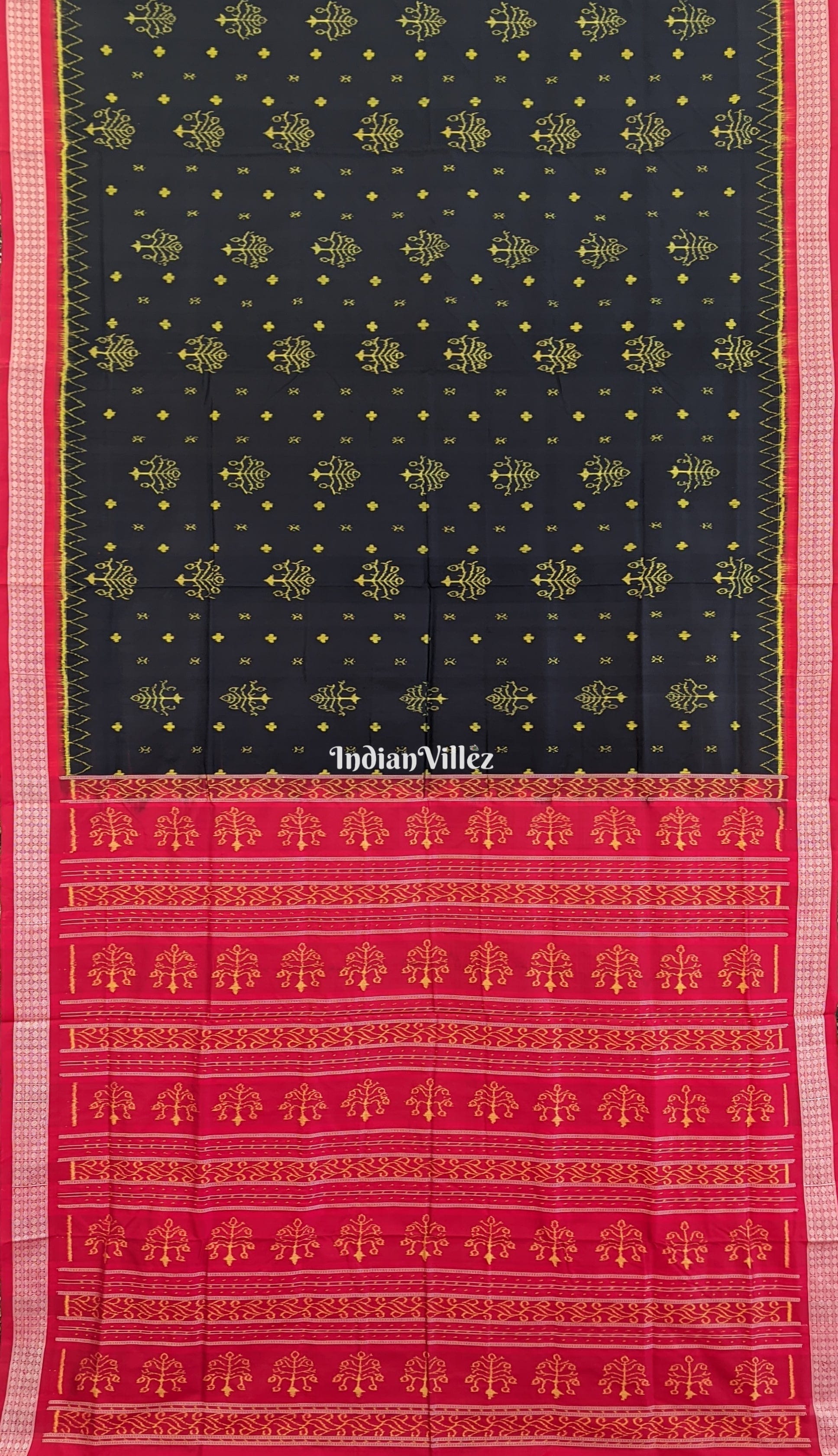 Tree Themed Black Red Sambalpuri Ikat Silk Saree