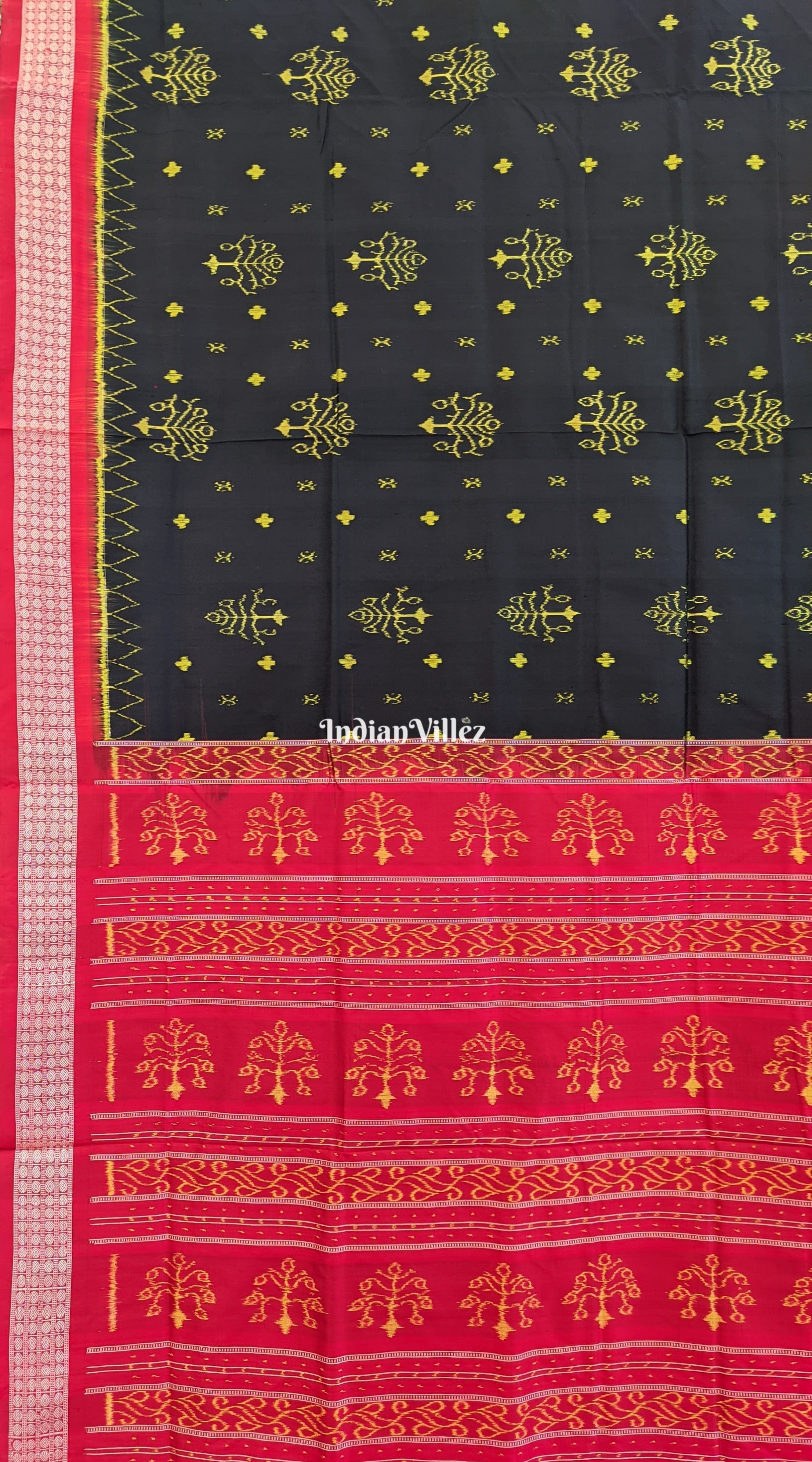 Tree Themed Black Red Sambalpuri Ikat Silk Saree