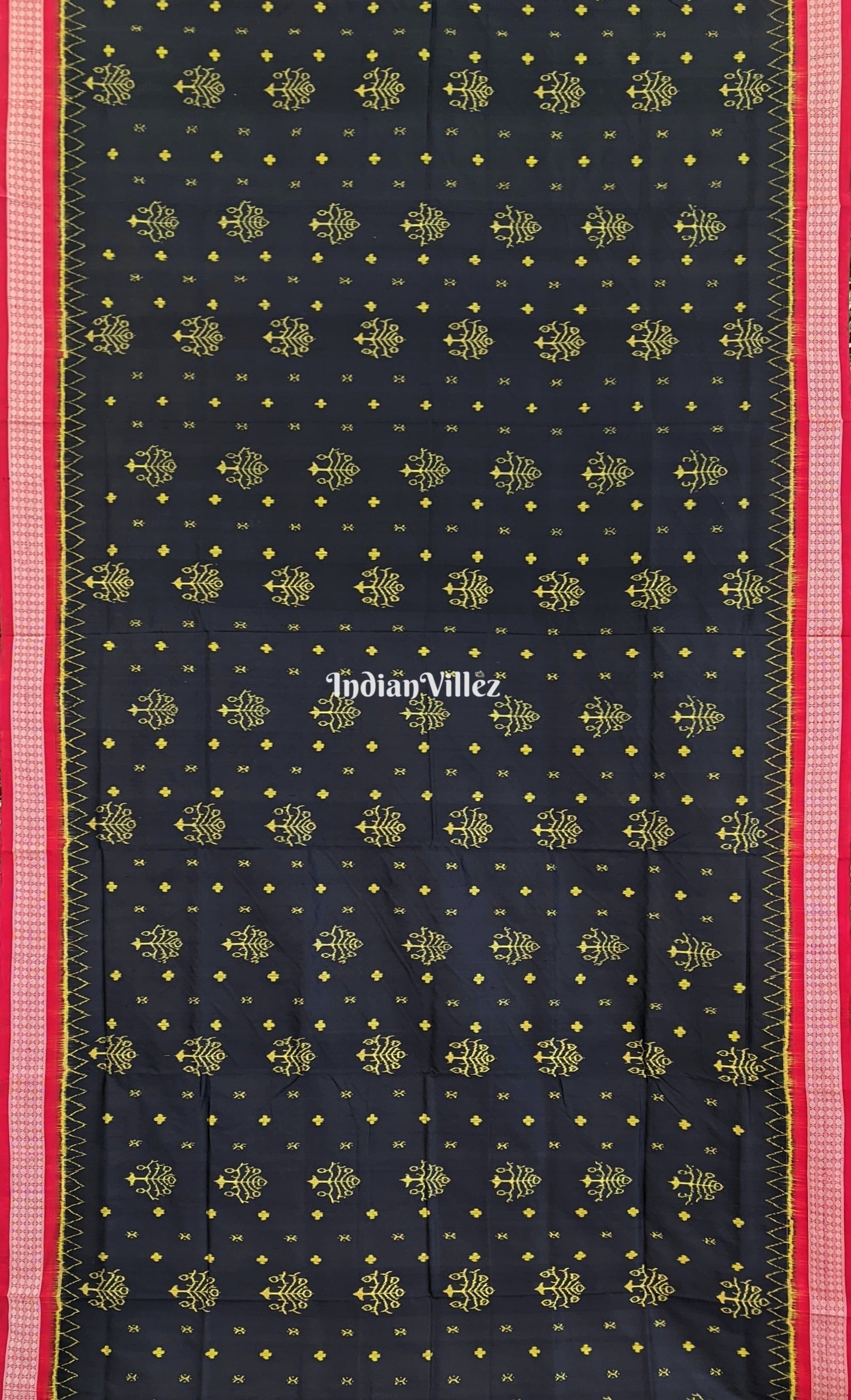 Tree Themed Black Red Sambalpuri Ikat Silk Saree