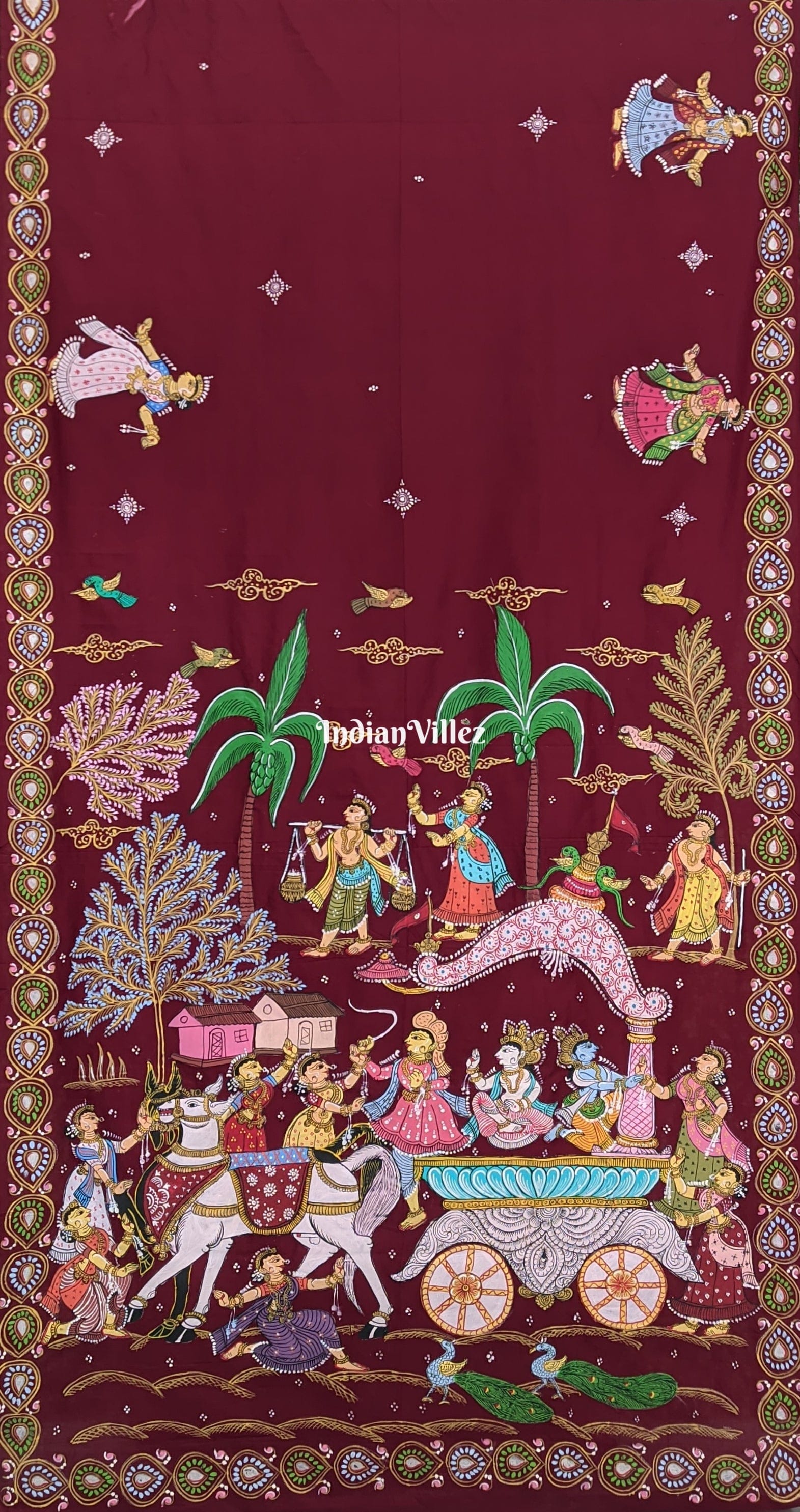 Dark Marron Mathura Vijay Theme Pura Pattachitra Silk Saree