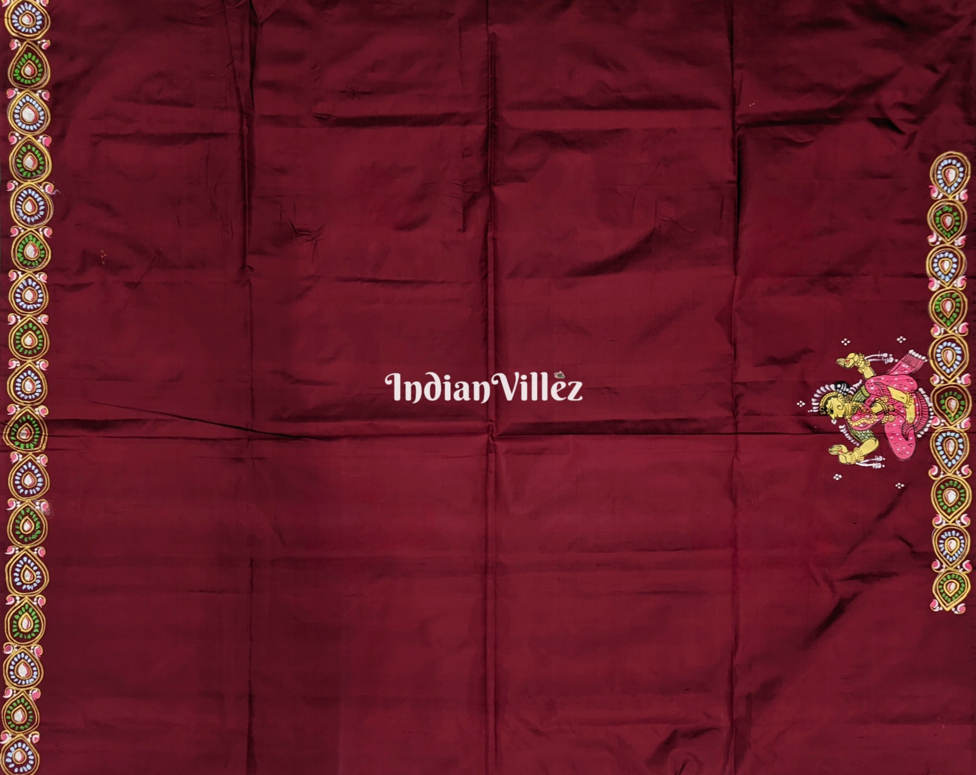 Dark Marron Mathura Vijay Theme Pura Pattachitra Silk Saree