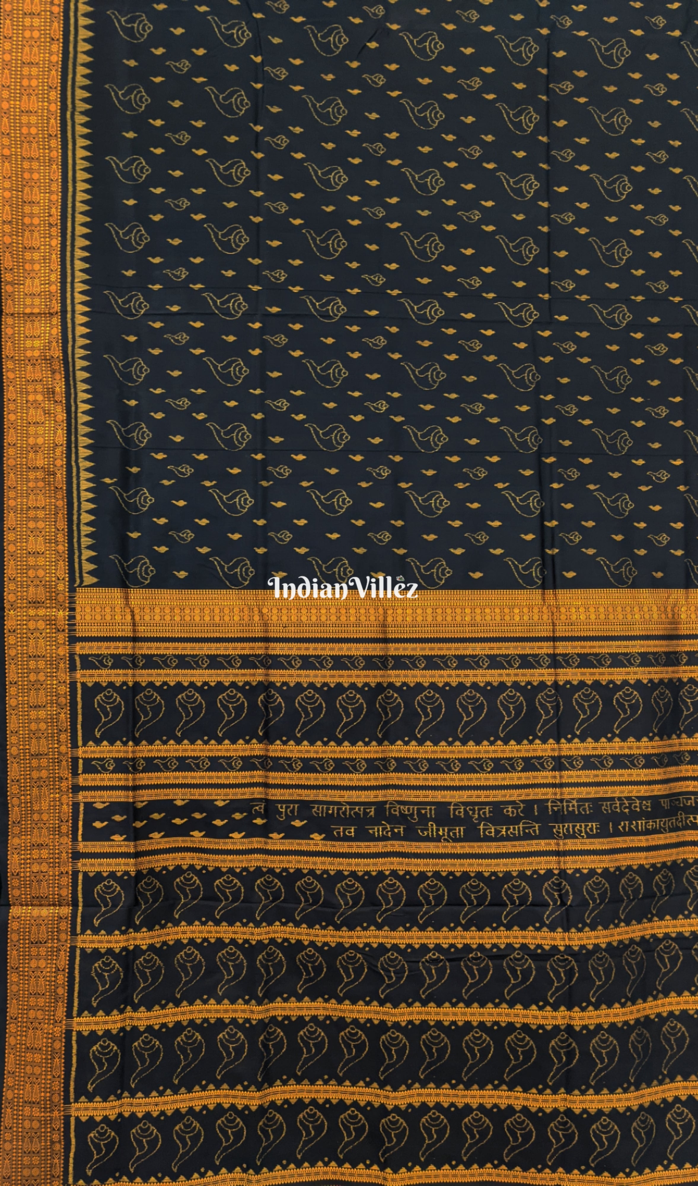 Black Golden Sankha Vishnu Mantra Odisha Handloom Sambalpuri Ikat Silk Saree