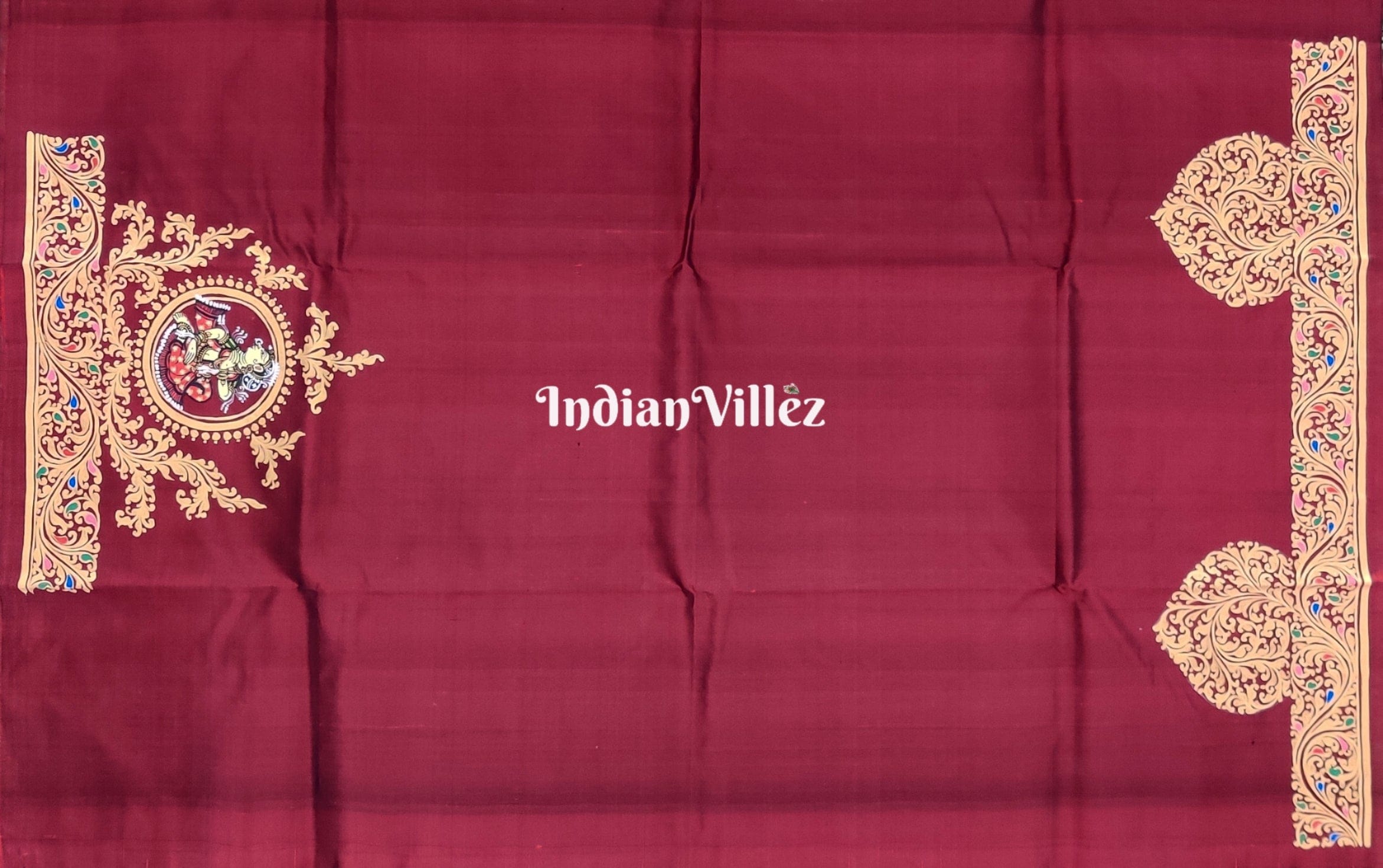 Dark Maroon Krushna Leela Pattachitra on Kanjivaram Silk Saree