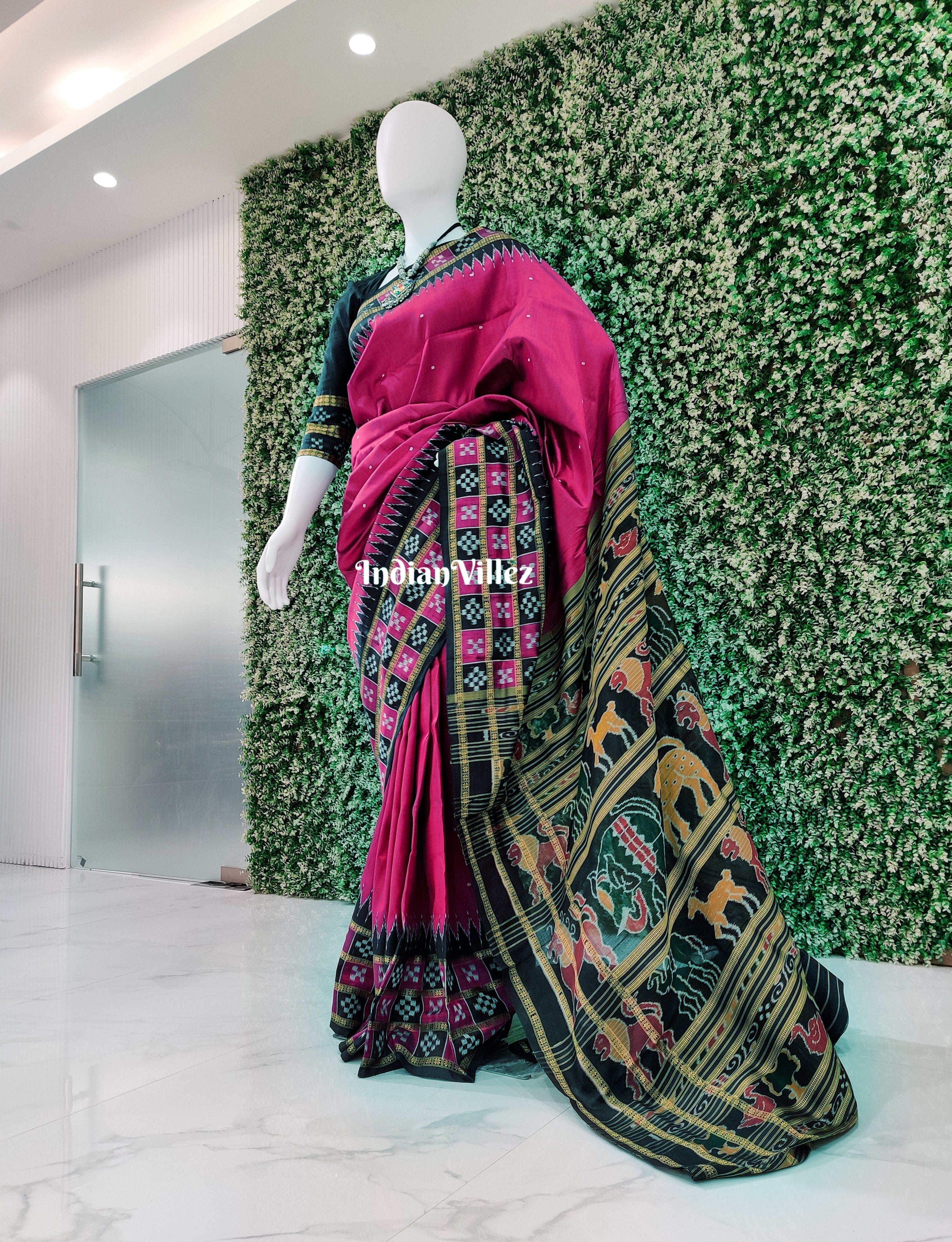 Magenta Pink Triple Border with Animal Pallu Contemporary Pasapali Khandua Silk Saree