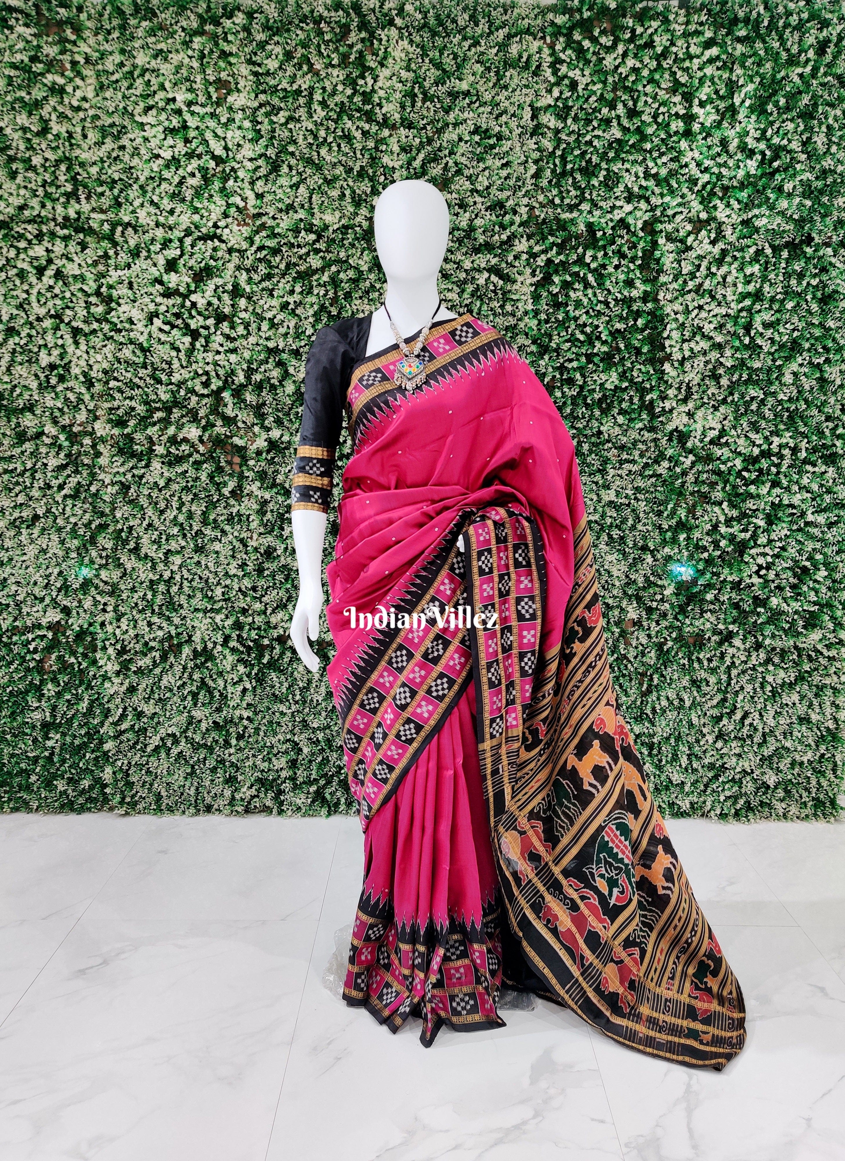 Magenta Pink Triple Border with Animal Pallu Contemporary Pasapali Khandua Silk Saree