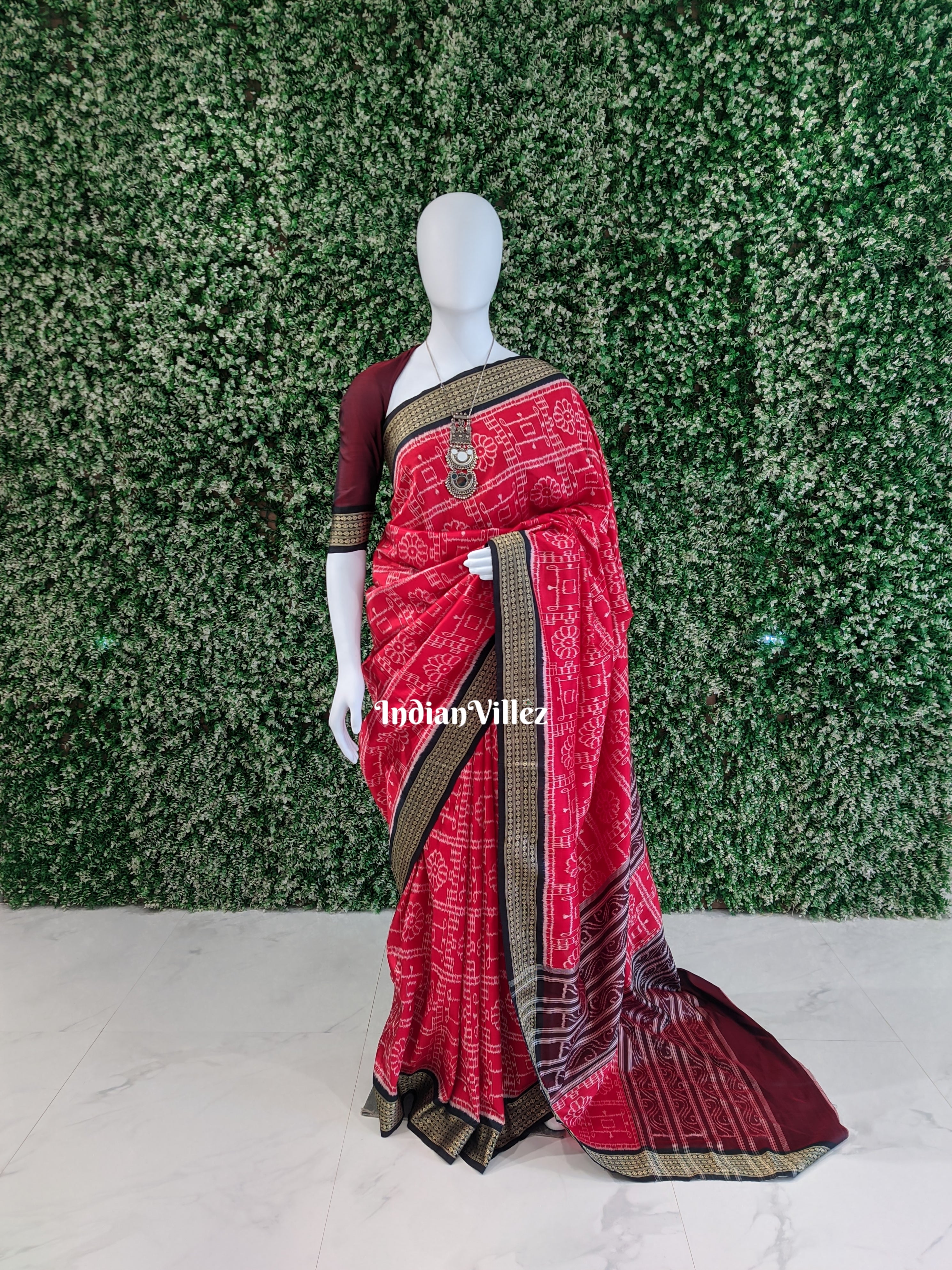 Red Contemporary Odisha Handloom Sambalpuri Ikat Silk Saree