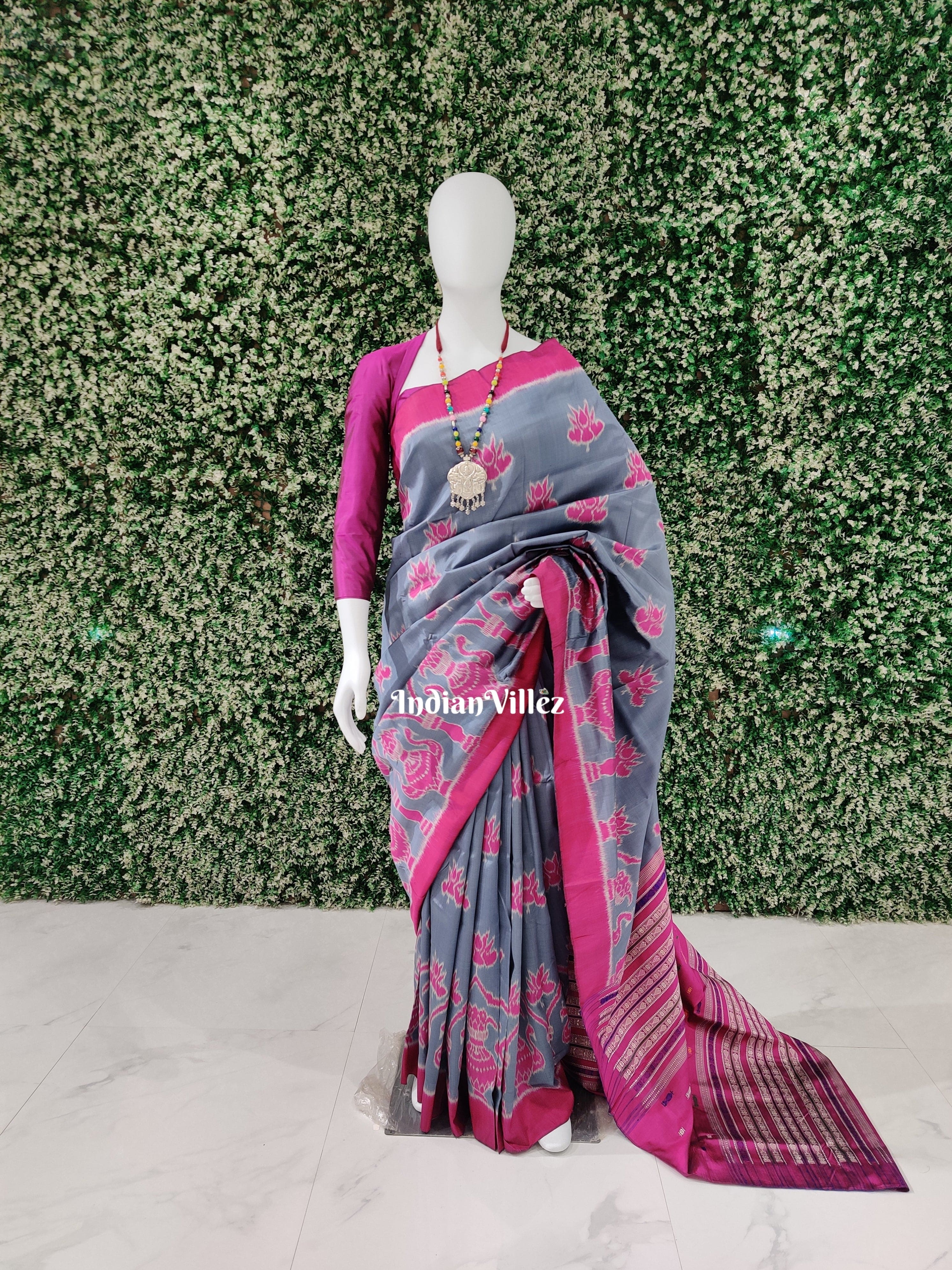 Grey With Pink Lotus Odisha Handloom Contemporary Sambalpuri Silk Saree