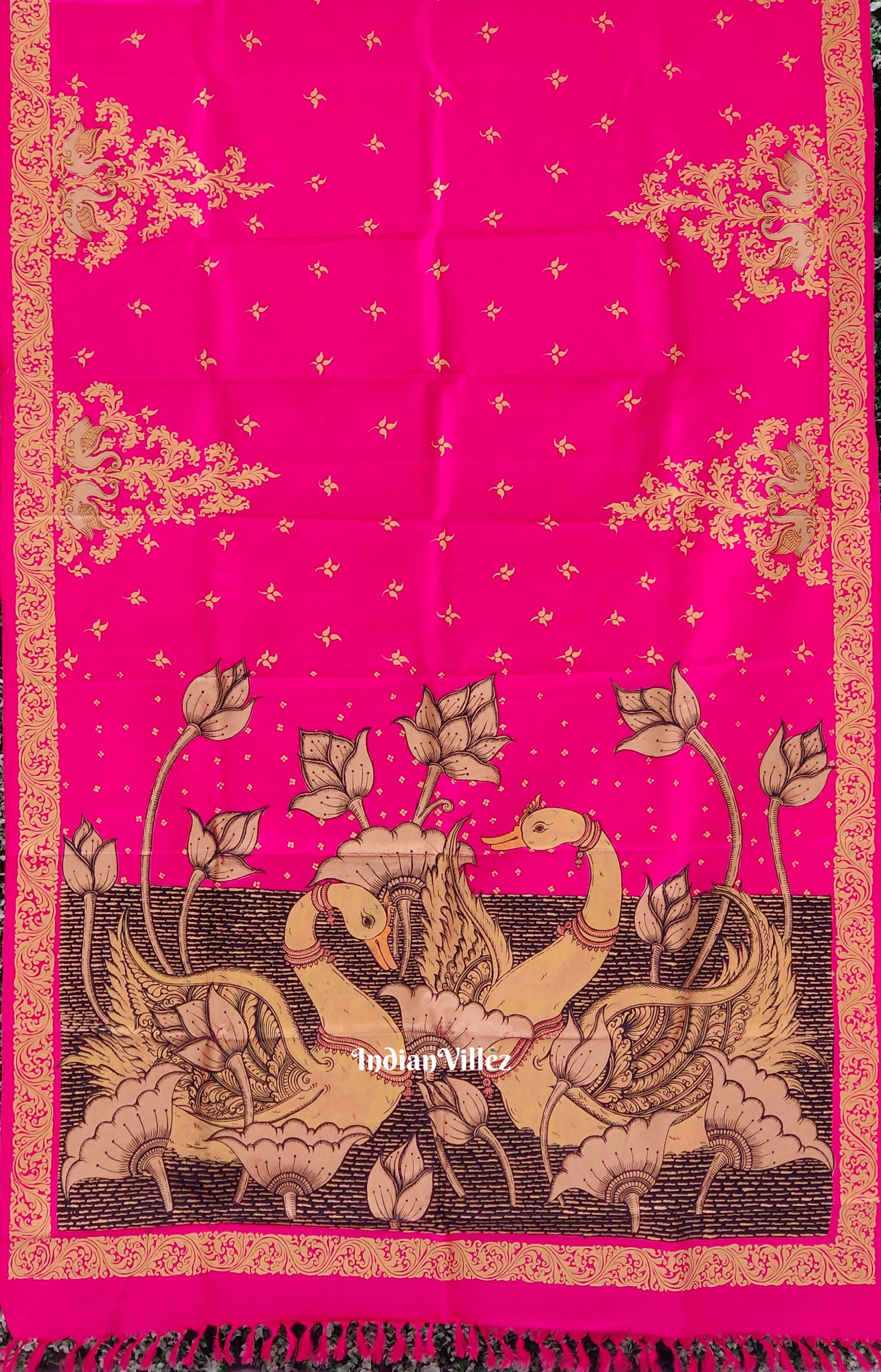 Royal Pink Swan Pattachitra Silk Handloom Saree