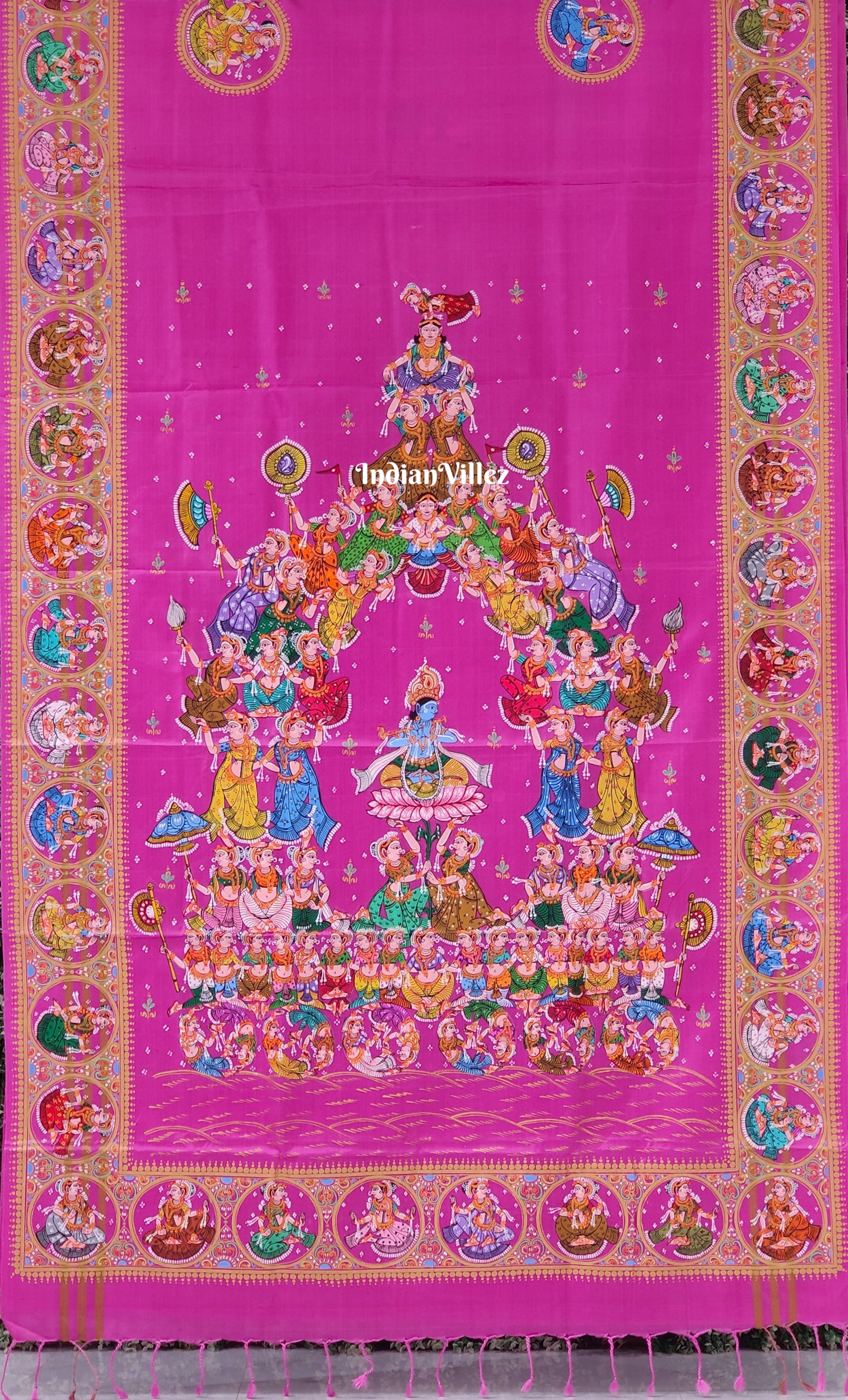 Bubblegum Pink Kandarpa Ratha Chariot Pattachitra on Kanjivaram Silk Saree