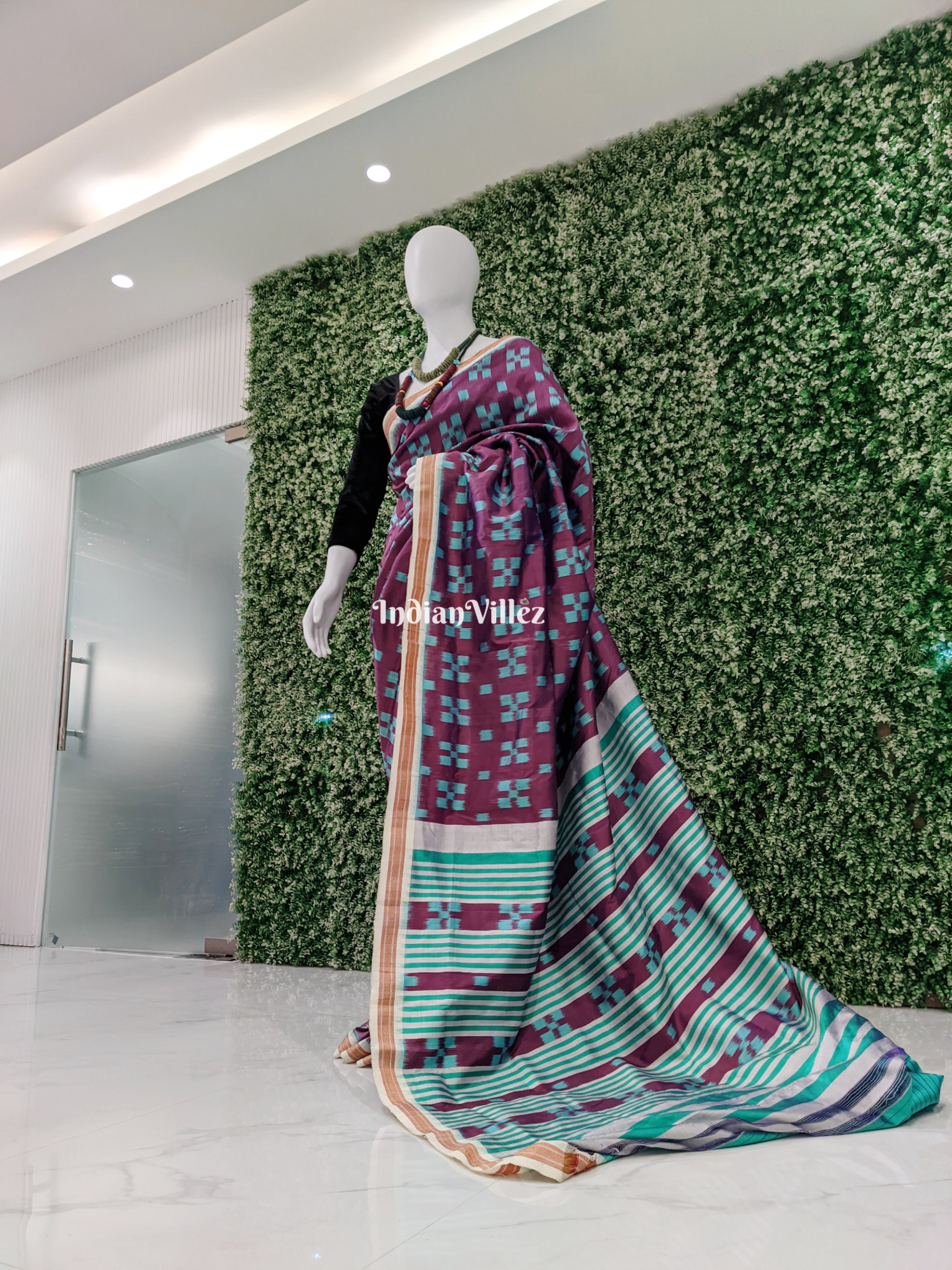 Contemporary Pasapali Aquamarine with Purple Base Sambalpuri Ikat Silk Saree