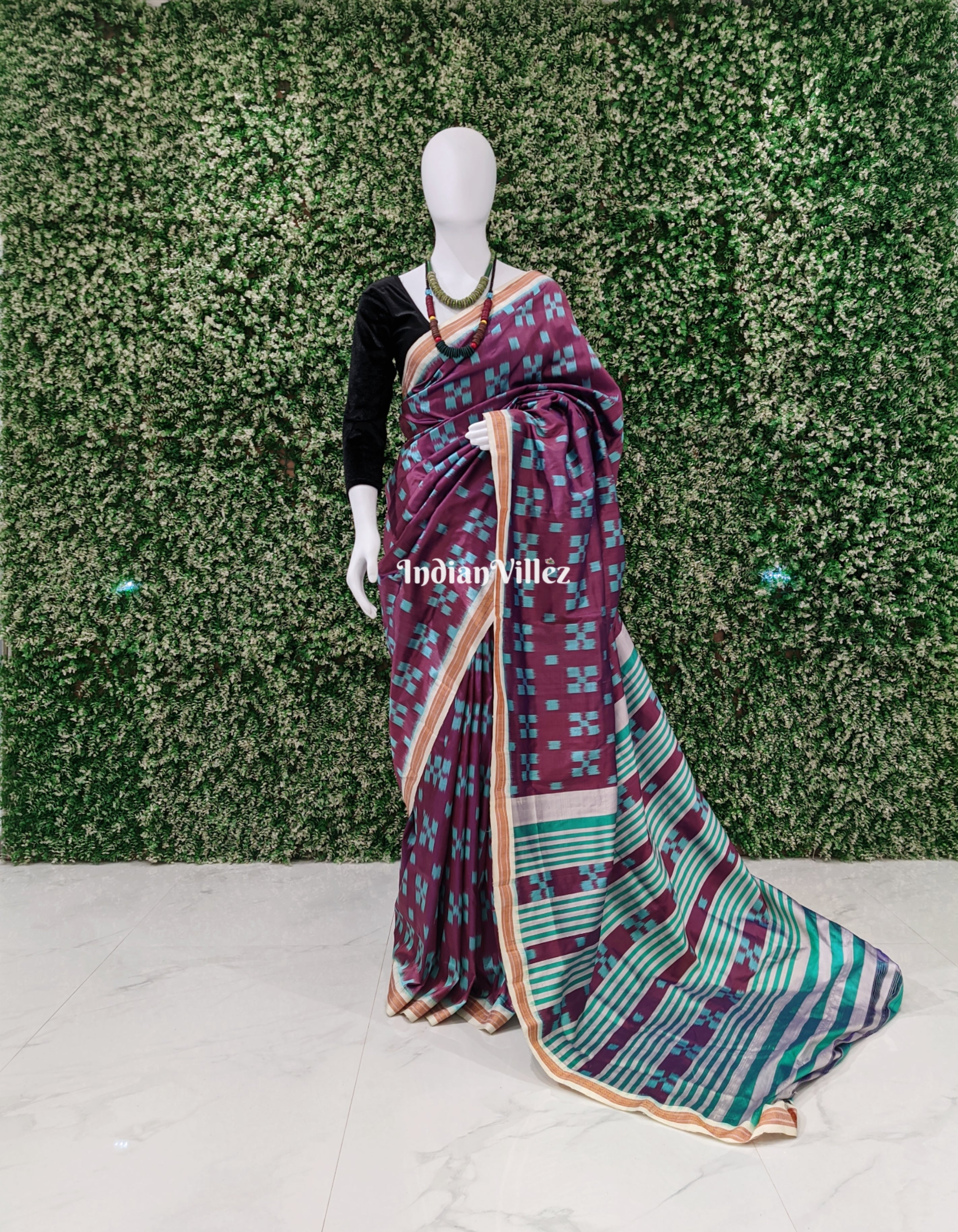 Contemporary Pasapali Aquamarine with Purple Base Sambalpuri Ikat Silk Saree