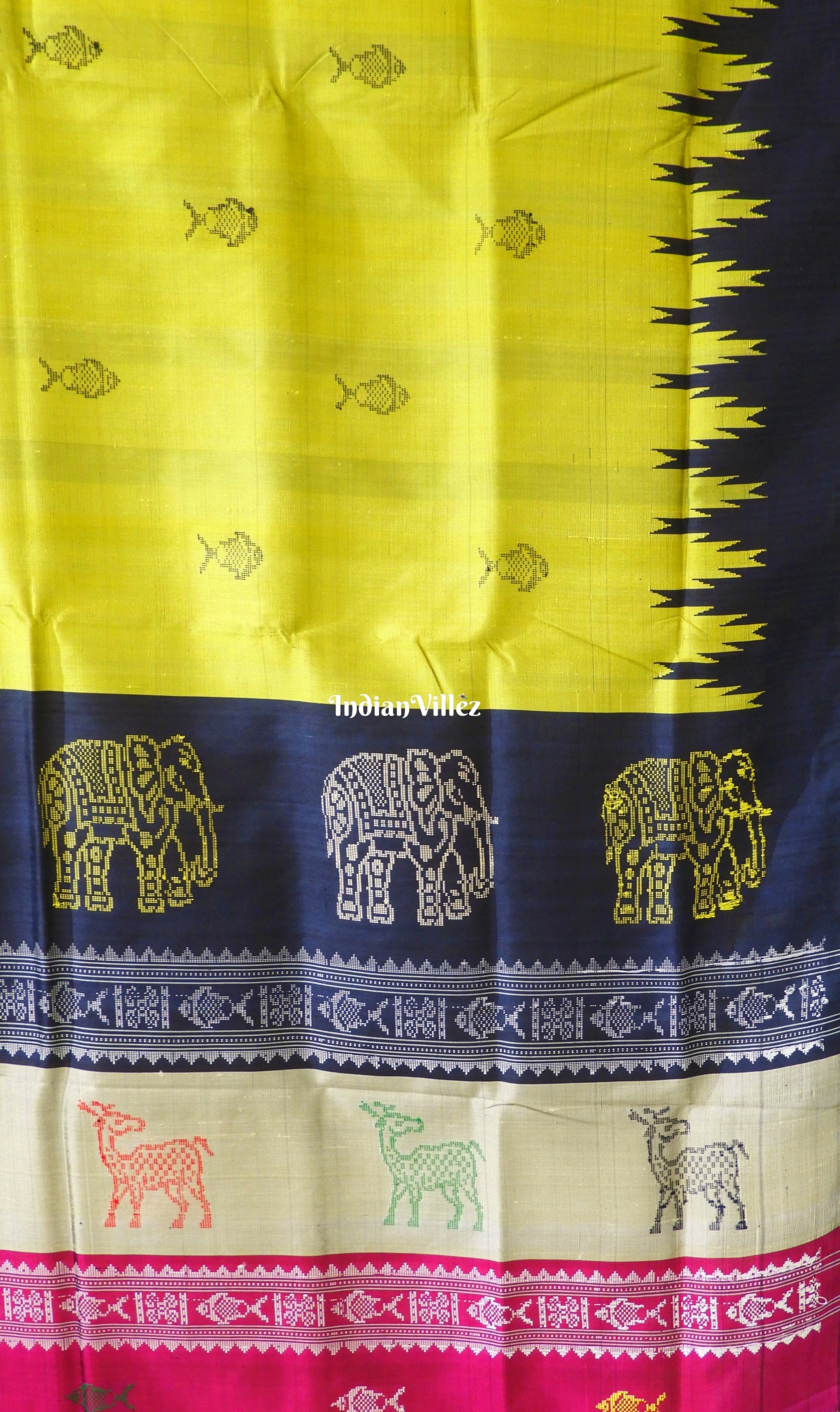 Mehndi Green Fish Motif Double Pallu Berhampuri Patta Silk Saree