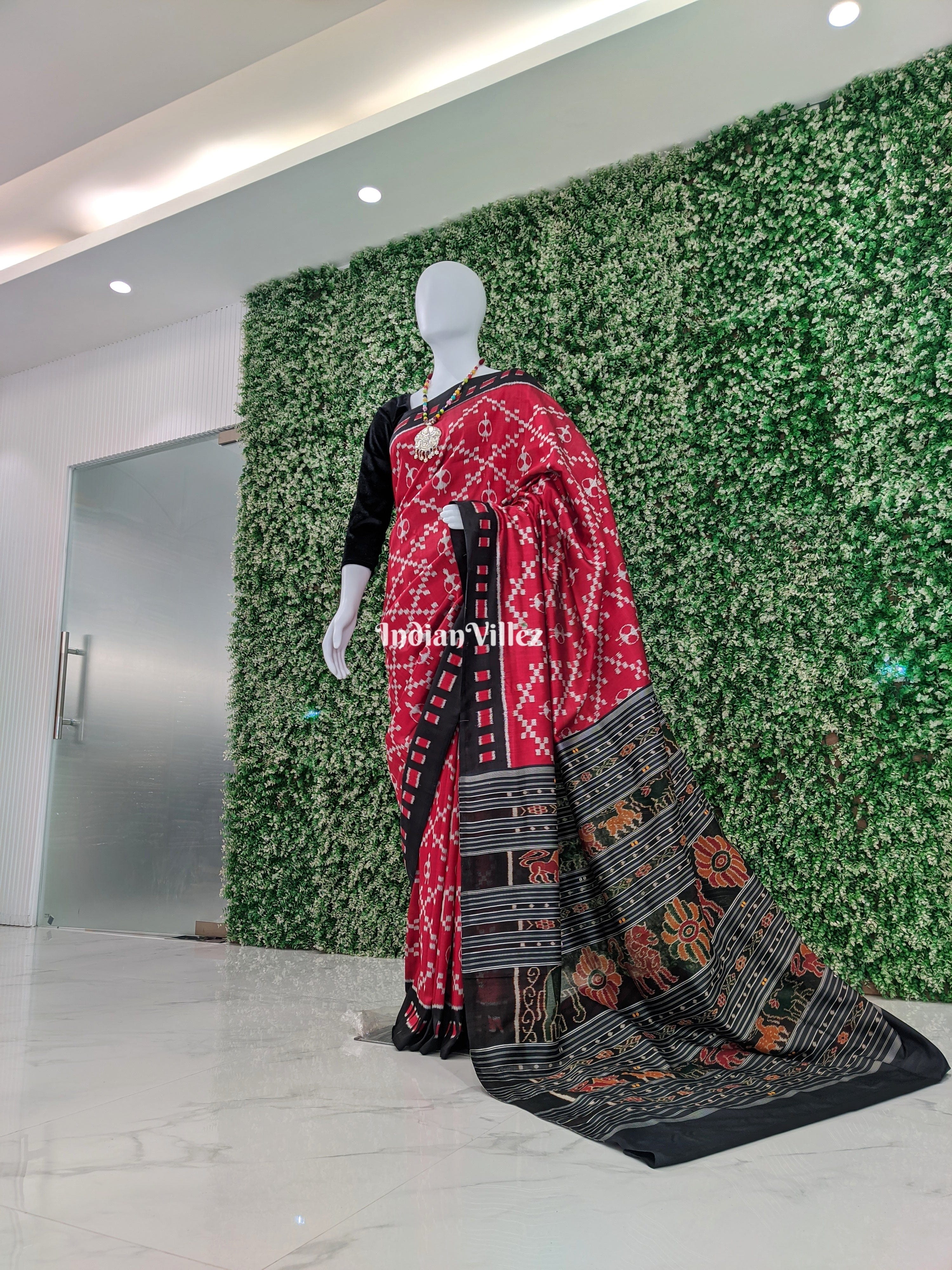 Red Tribal Contemporary Odisha Handloom Khandua Silk Saree