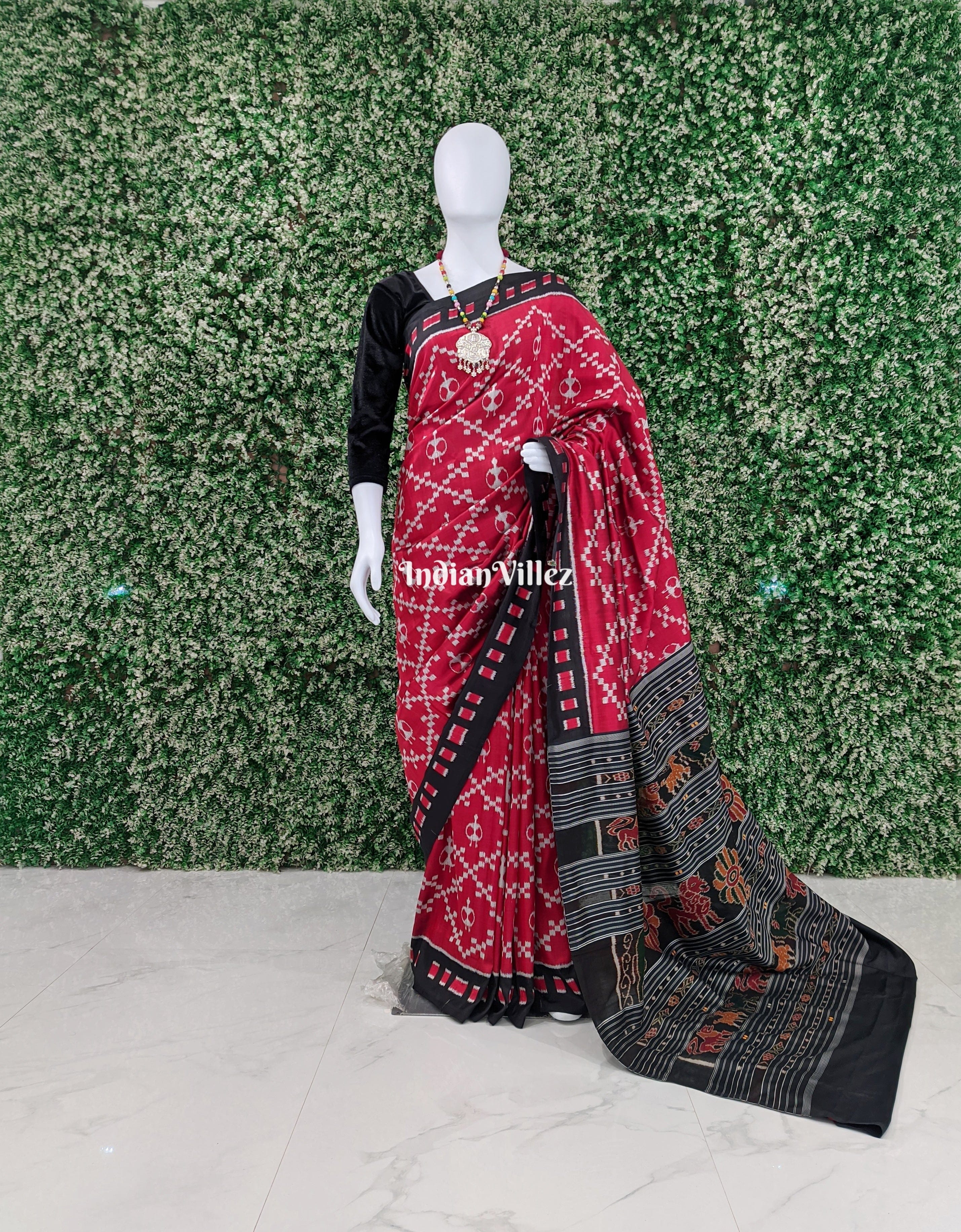 Red Tribal Contemporary Odisha Handloom Khandua Silk Saree