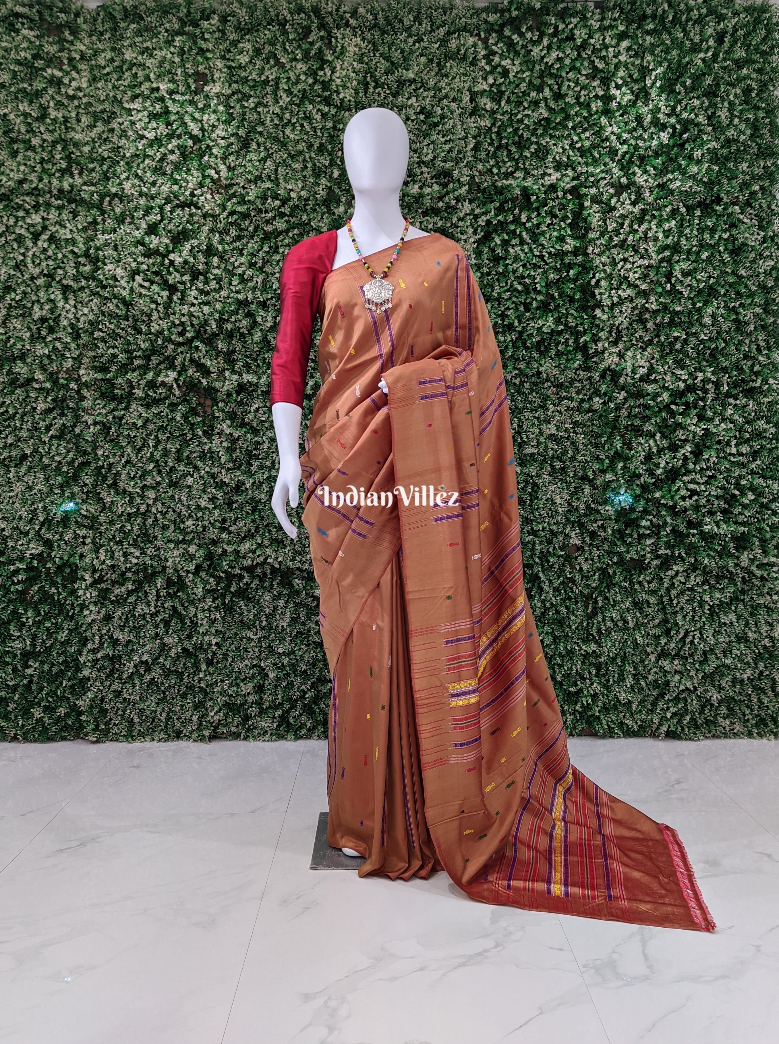 Rust Golden Colored Habaspuri Inspired Sambalpuri Bomkai Silk Handloom Saree