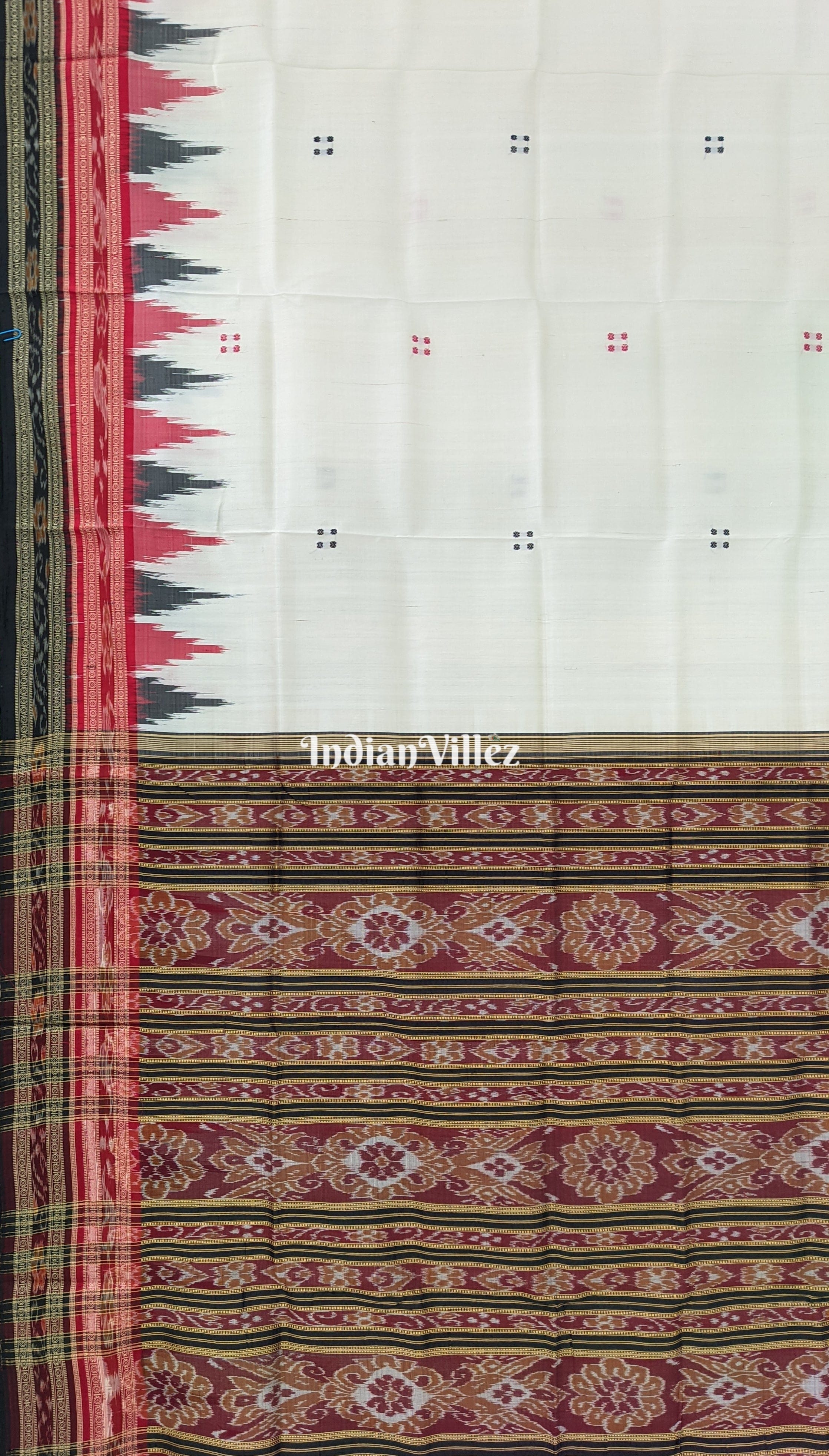 White Butta with Red & Black Border Odisha Handloom Khandua Silk Saree