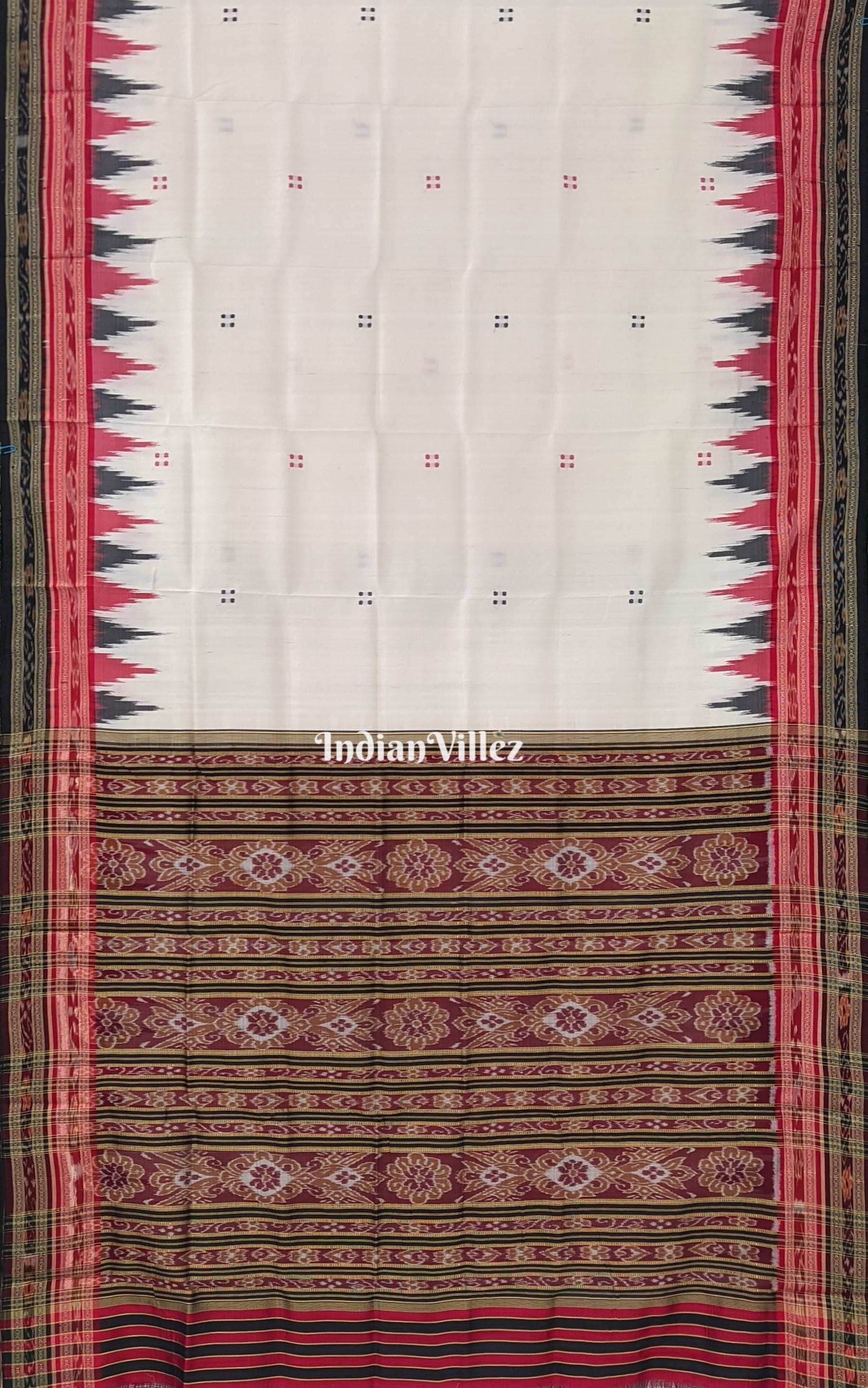 White Butta with Red & Black Border Odisha Handloom Khandua Silk Saree