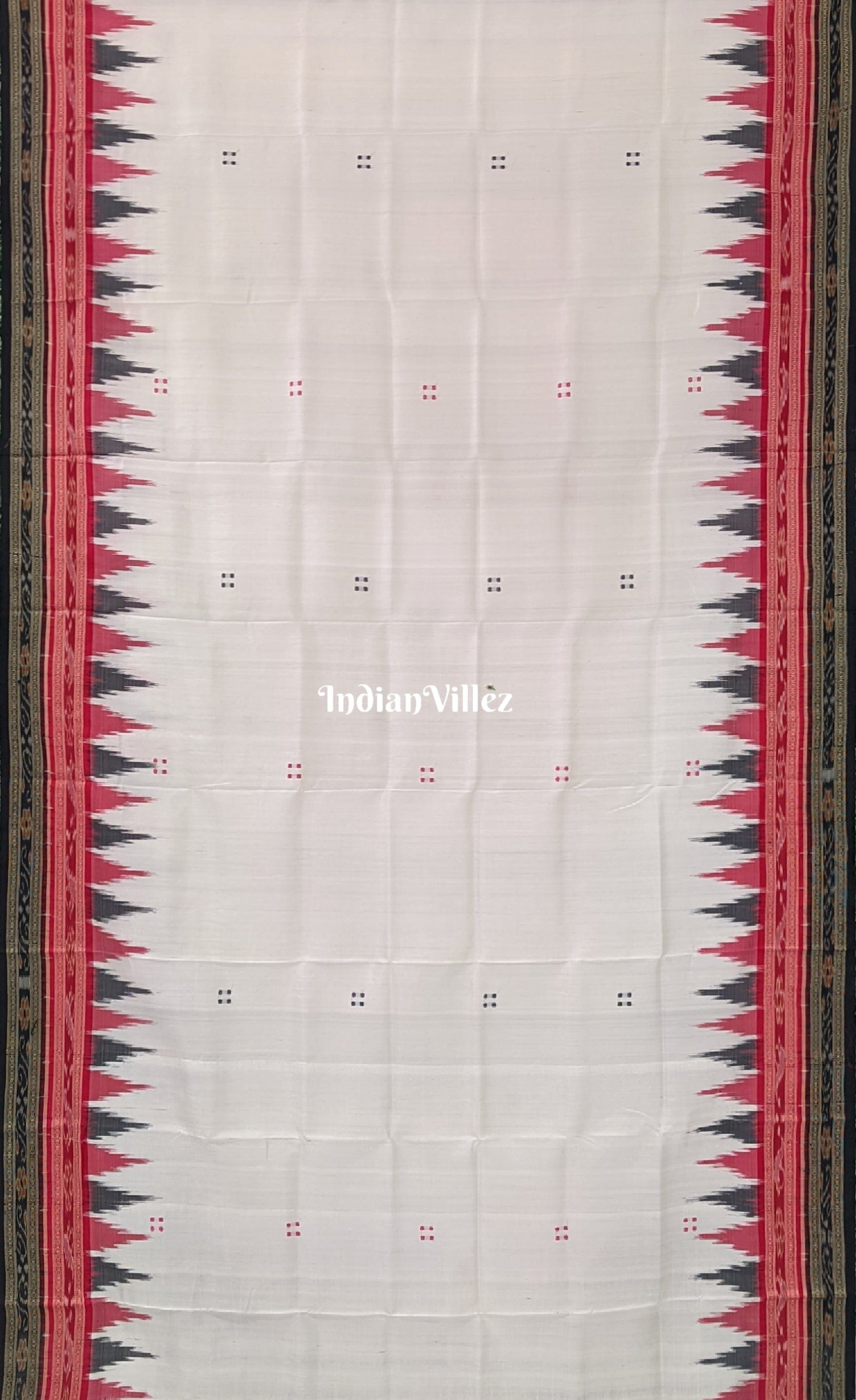 White Butta with Red & Black Border Odisha Handloom Khandua Silk Saree