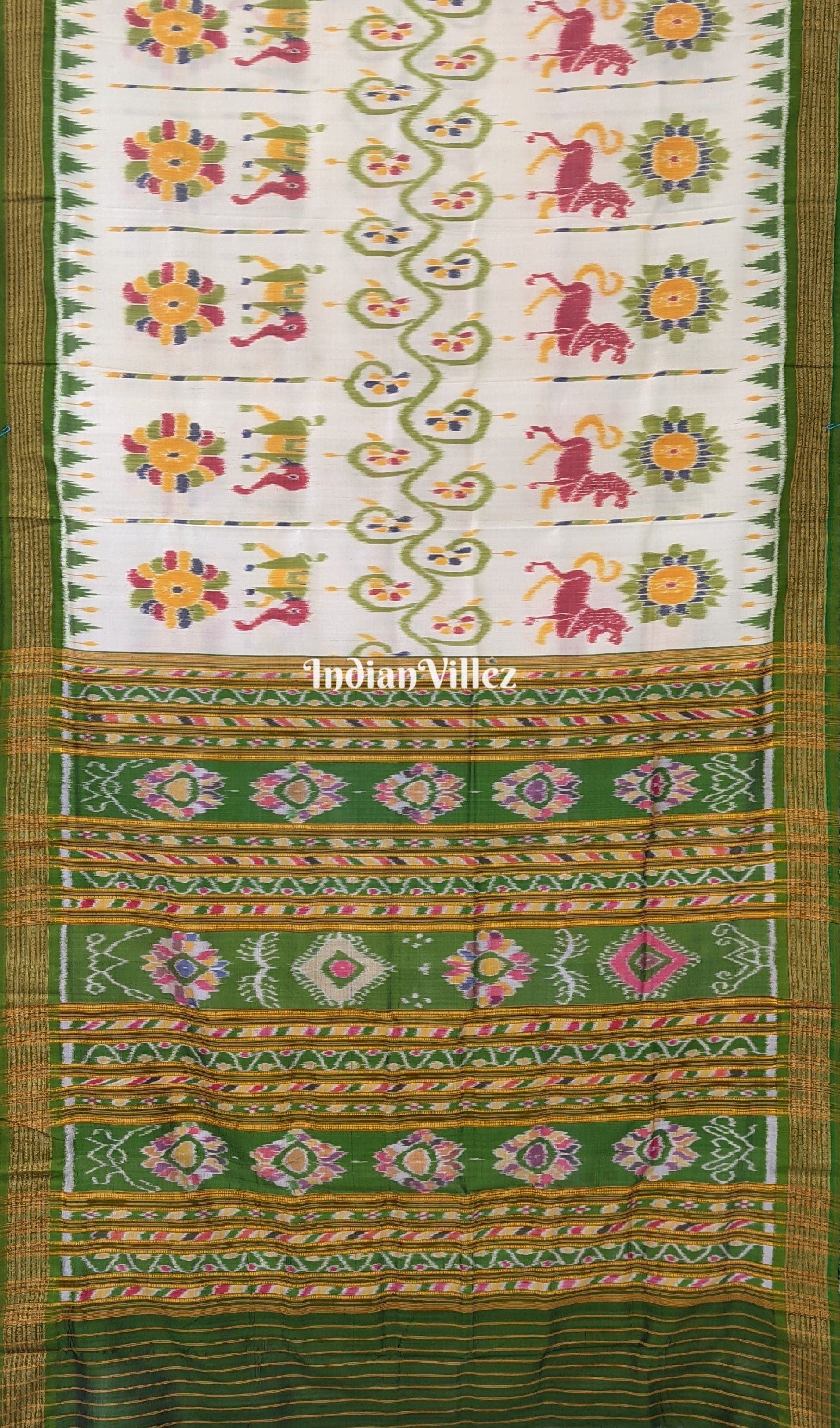 White Lion Flower Elephant Khandua Ikat Silk Saree