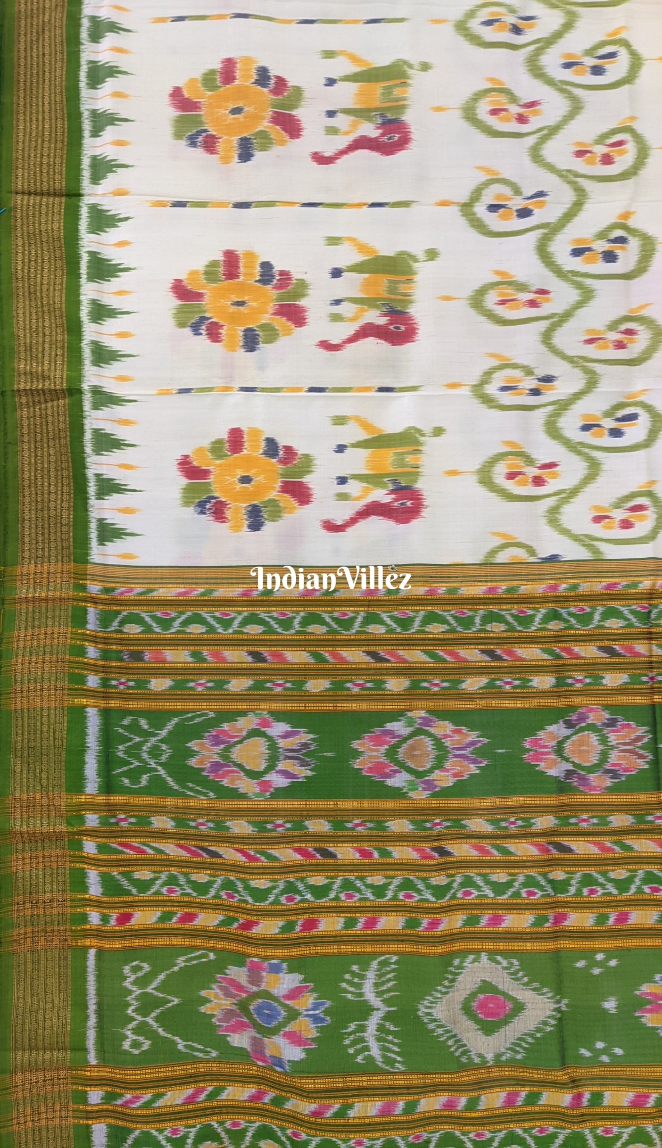 White Lion Flower Elephant Khandua Ikat Silk Saree