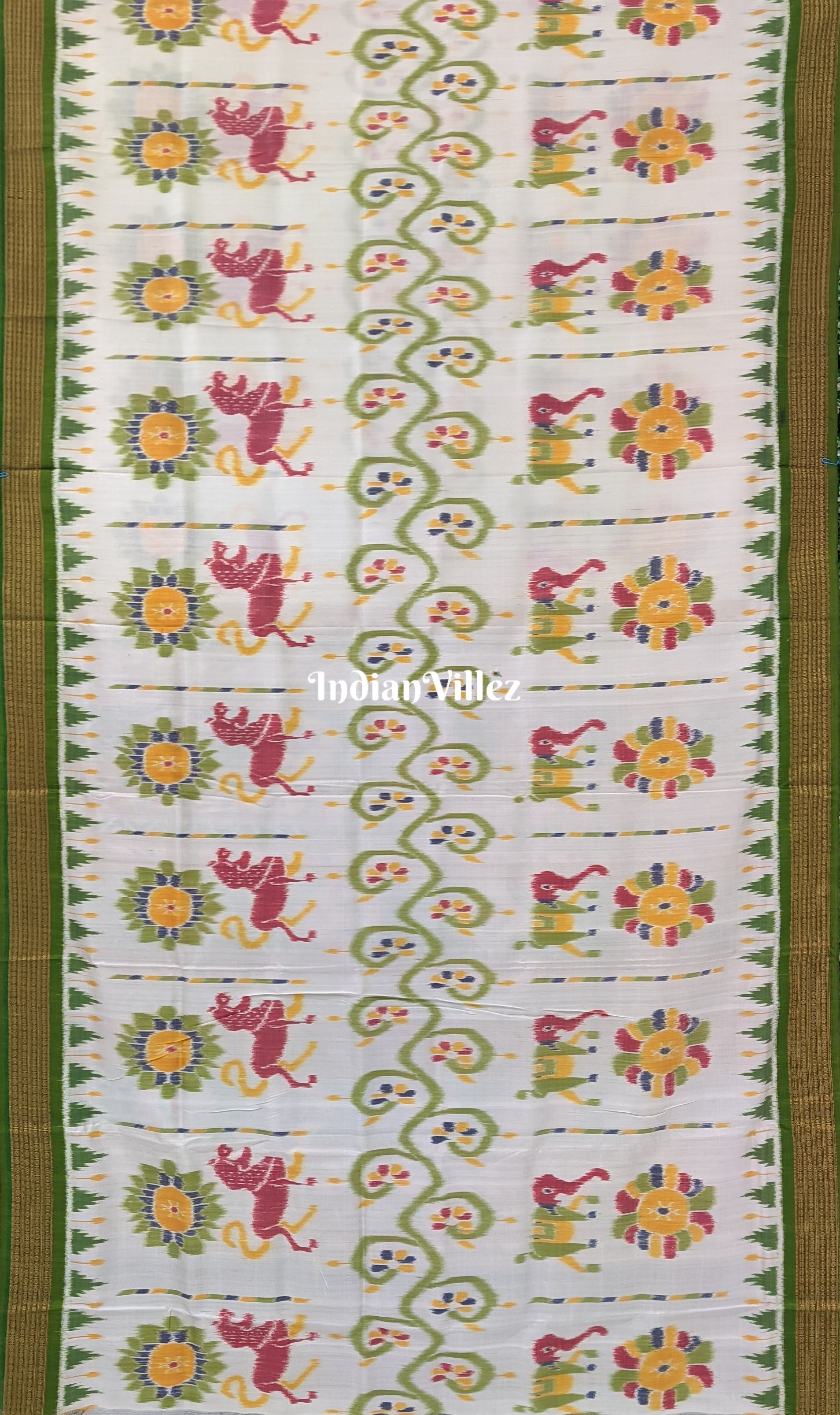 White Lion Flower Elephant Khandua Ikat Silk Saree