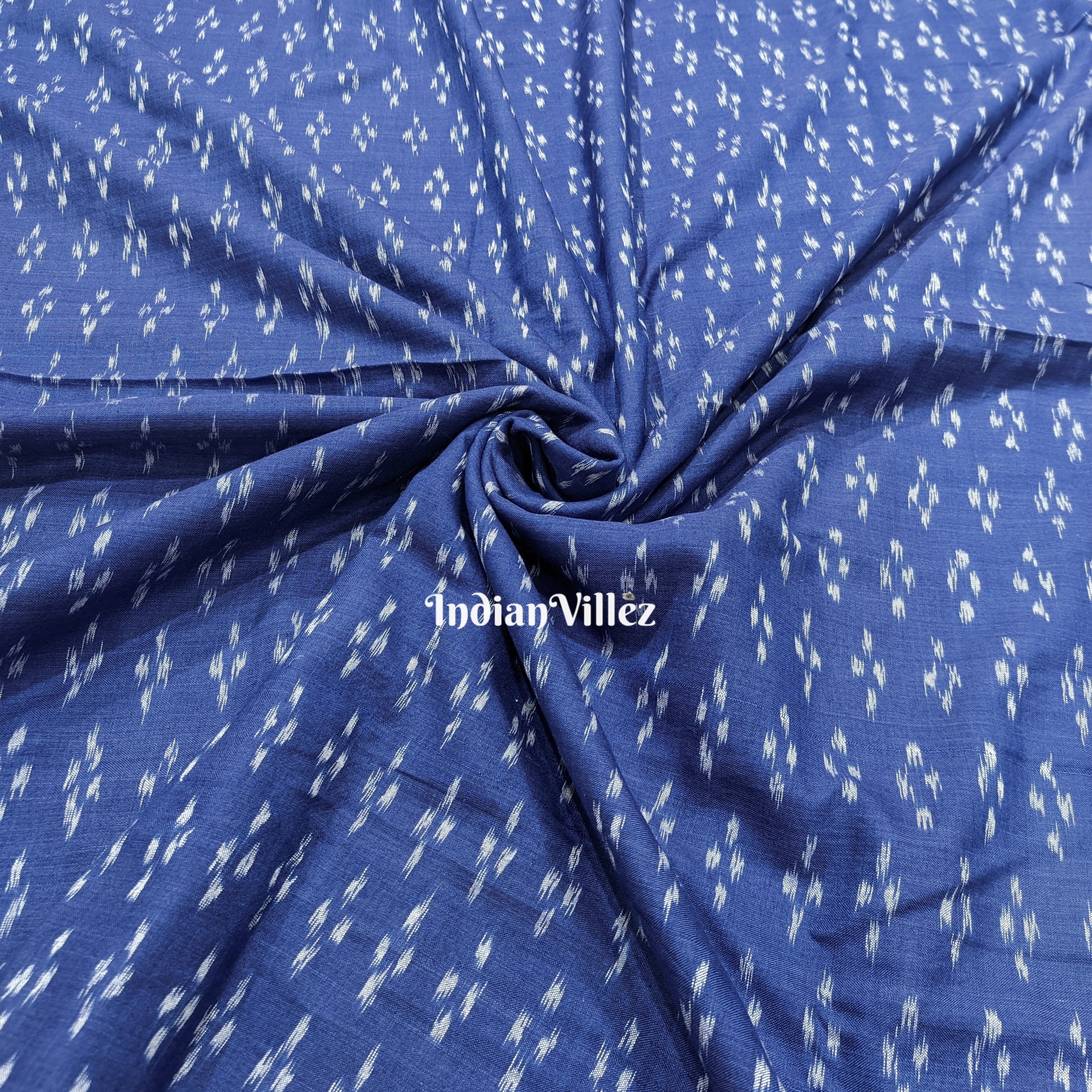 Blue with White Dot Motif Cotton Ikat Handloom Fabric