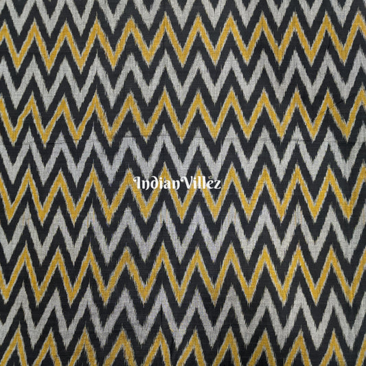 Black with Yellow Waves Motif Cotton Ikat Handloom Fabric