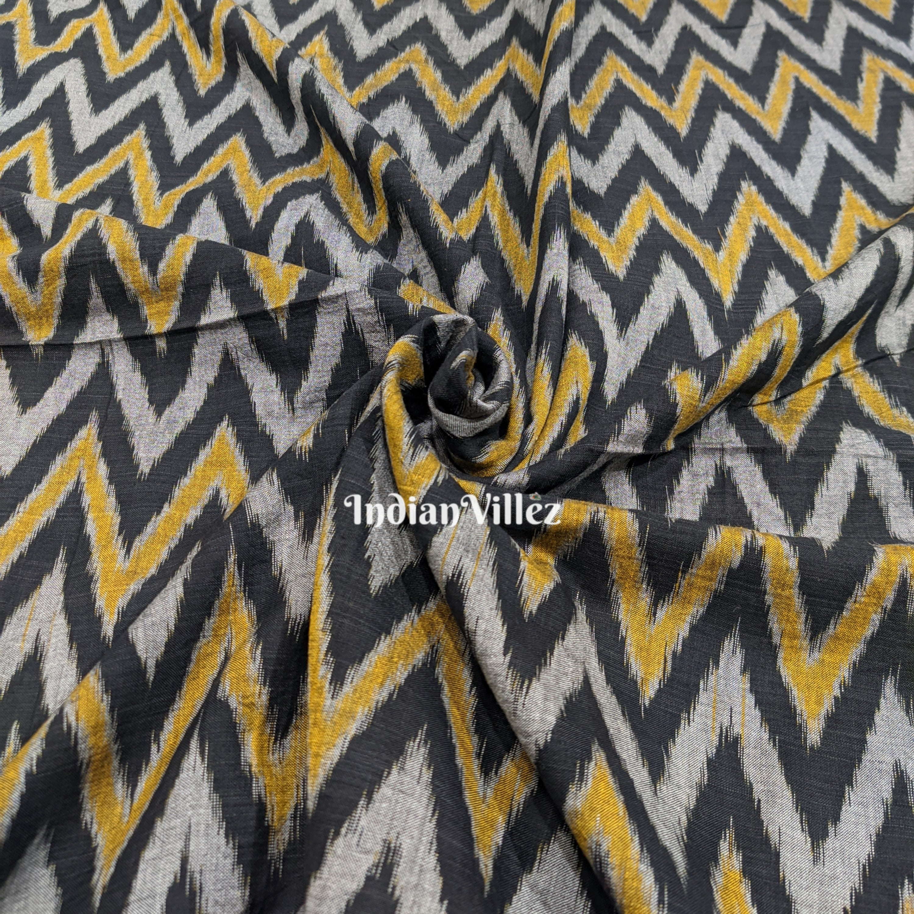 Black with Yellow Waves Motif Cotton Ikat Handloom Fabric