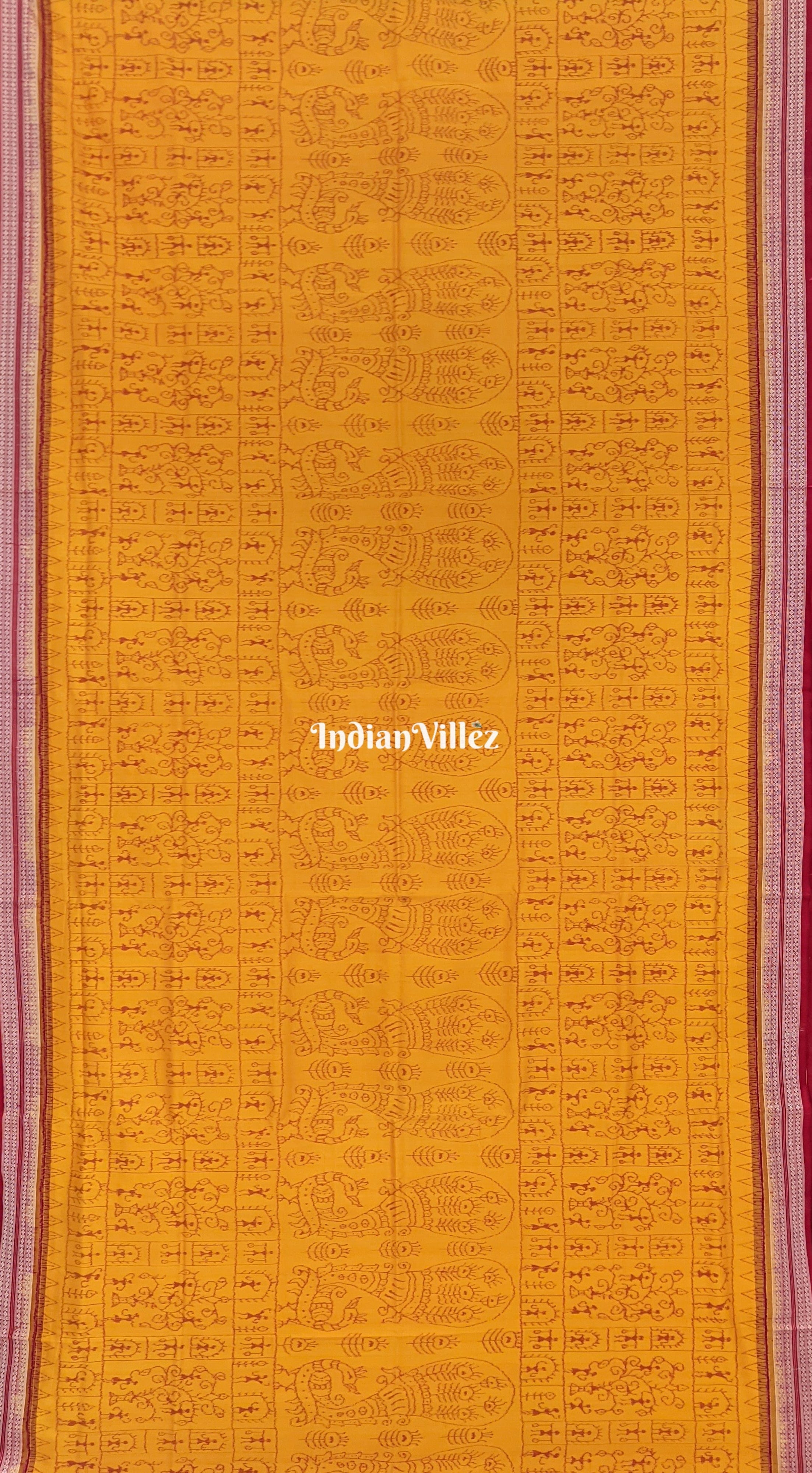 Mustard Yellow Tribal Theme Sambalpuri Ikat Silk Saree