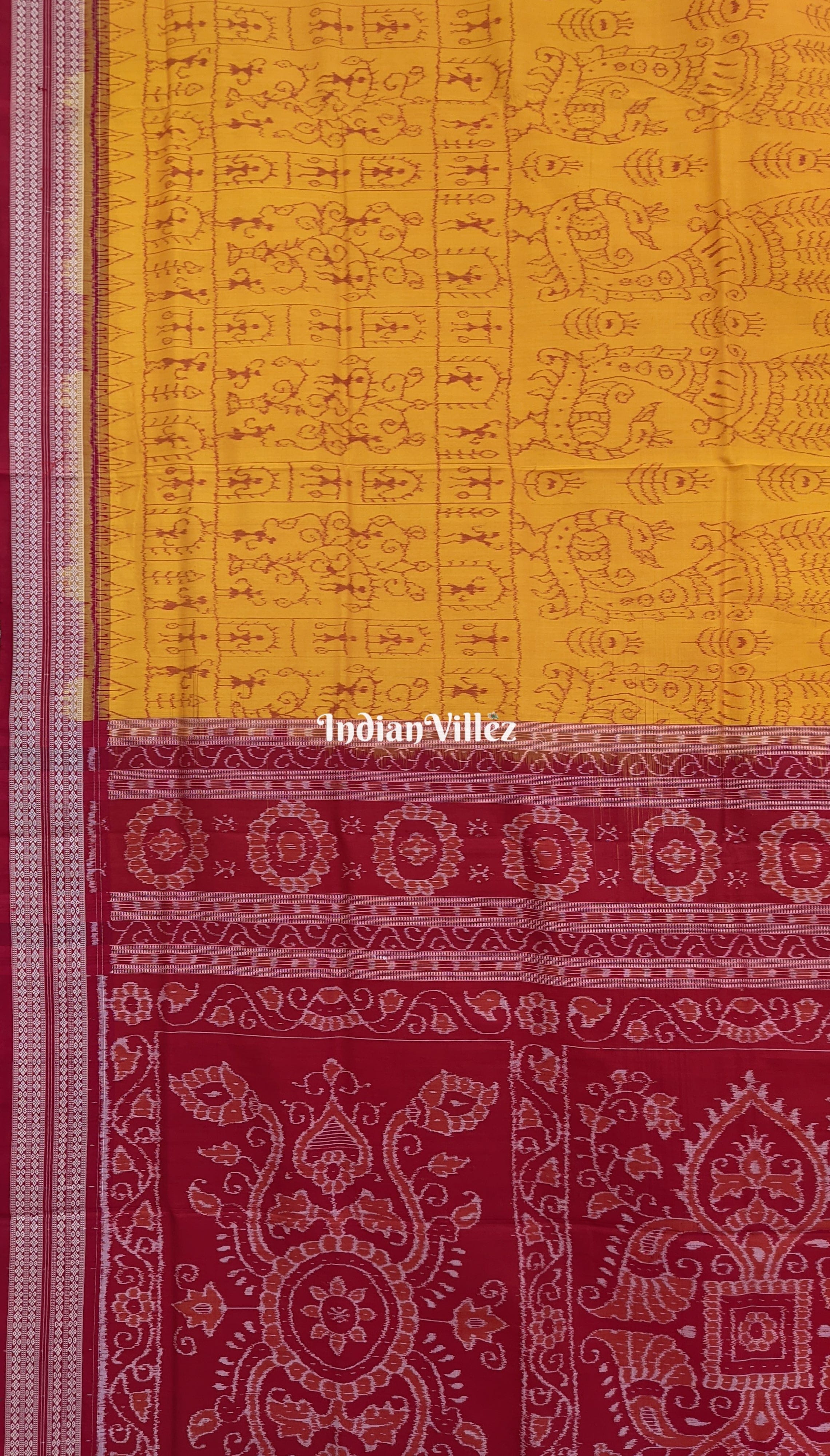 Mustard Yellow Tribal Theme Sambalpuri Ikat Silk Saree