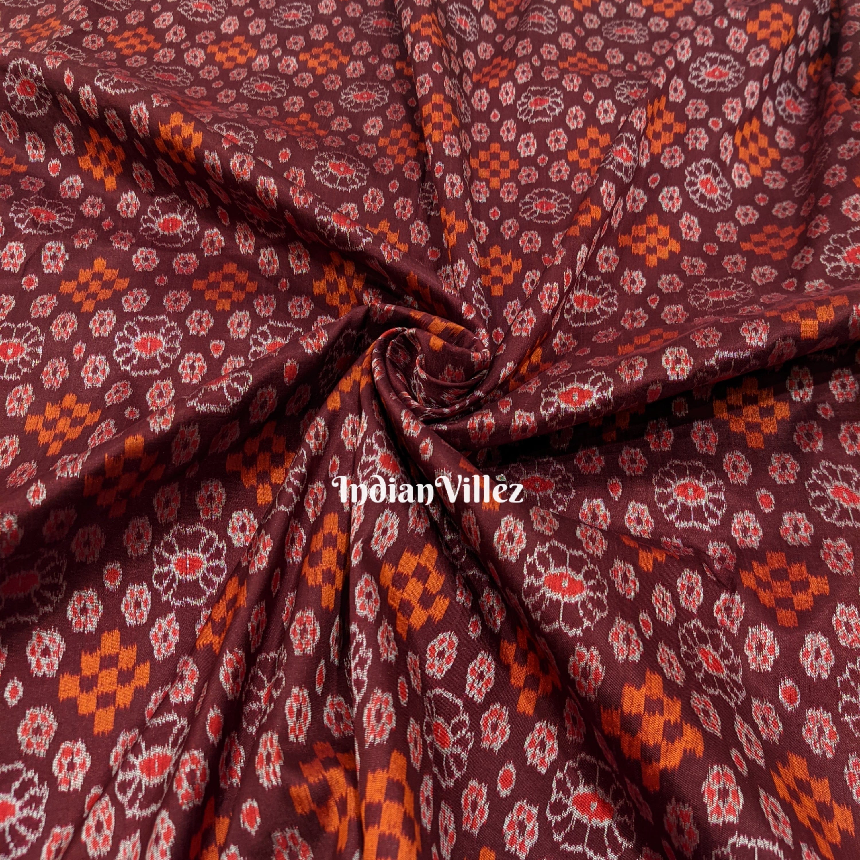 Dark Maroon Flower Design Ikat Silk Fabric