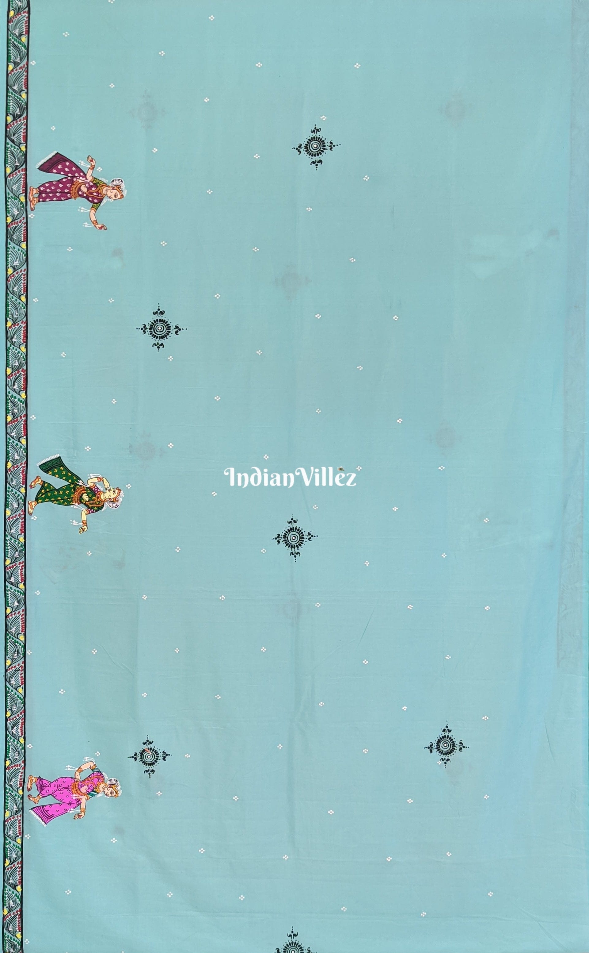 Krishna Leela Pattachitra on Surf Blue Khadi Silk Saree