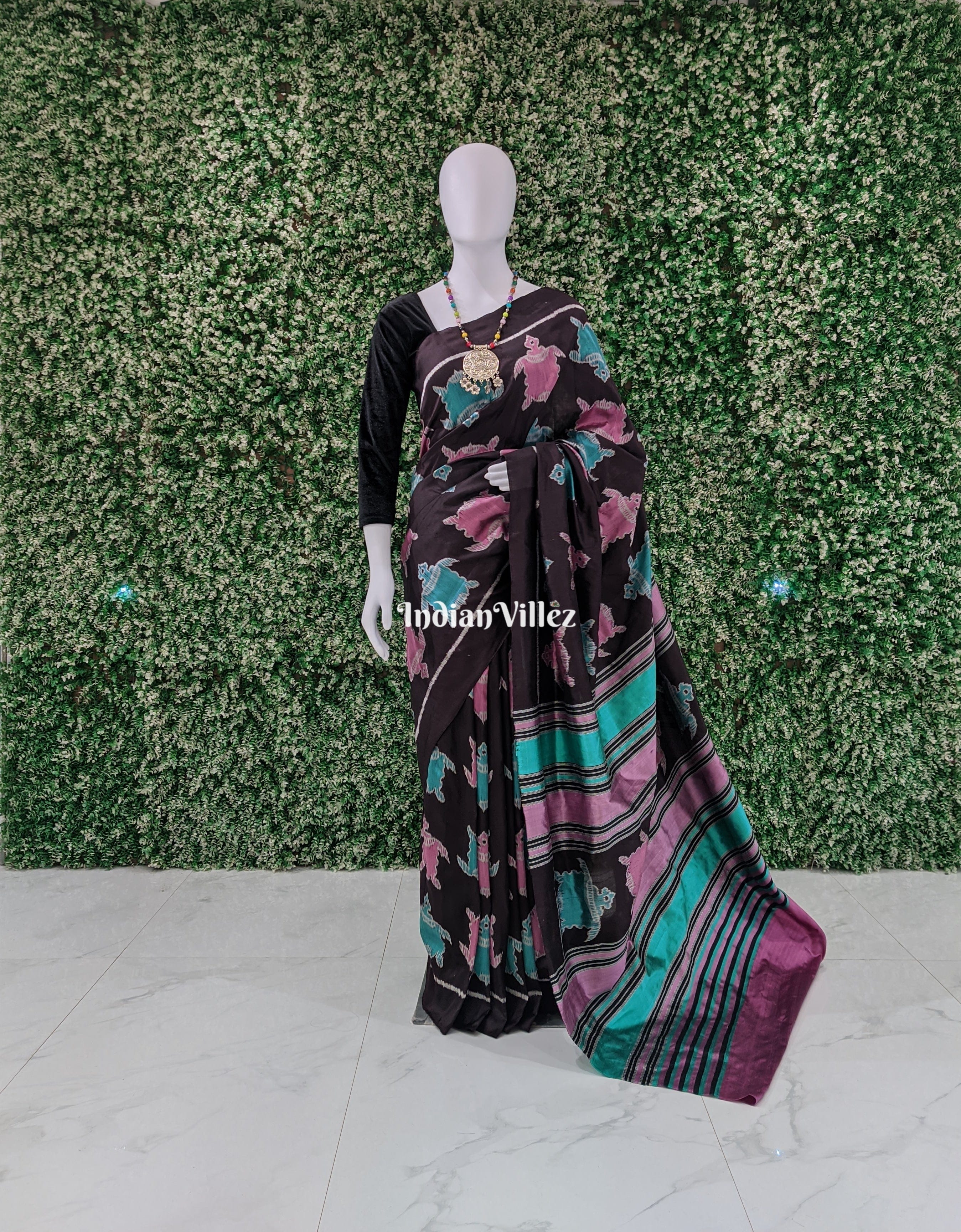 Black Tortoise Theme Odisha Handloom Contemporary Silk Saree