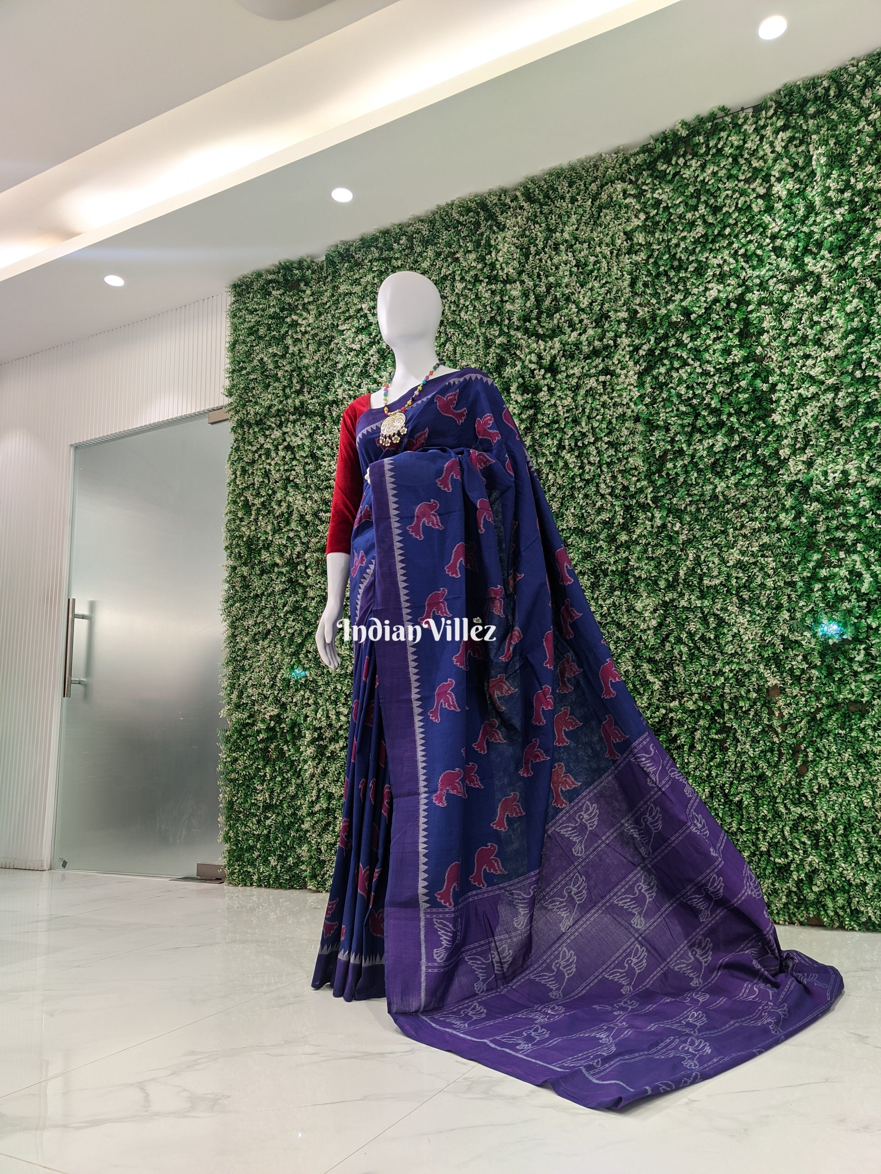 Azo-free Dye Blue Bird Design Contemporary Cotton Saree