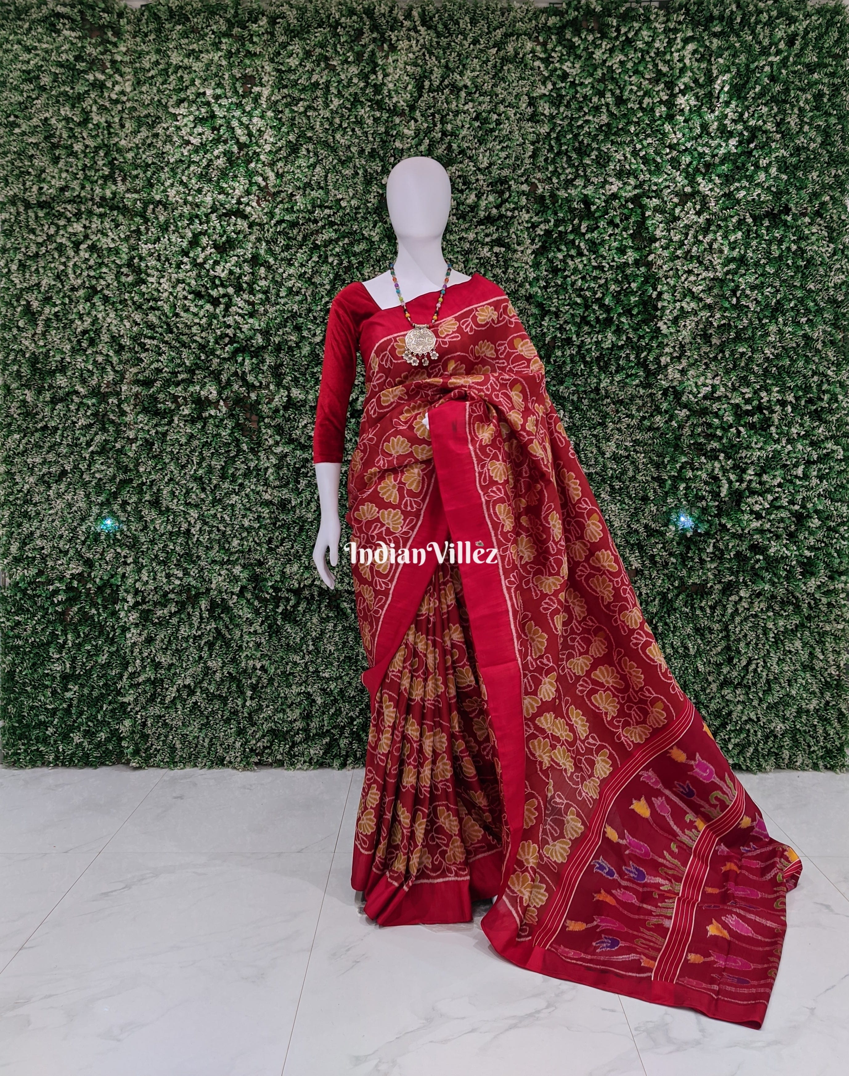 Maroon Flower Contemporary Odisha Ikat Silk Saree