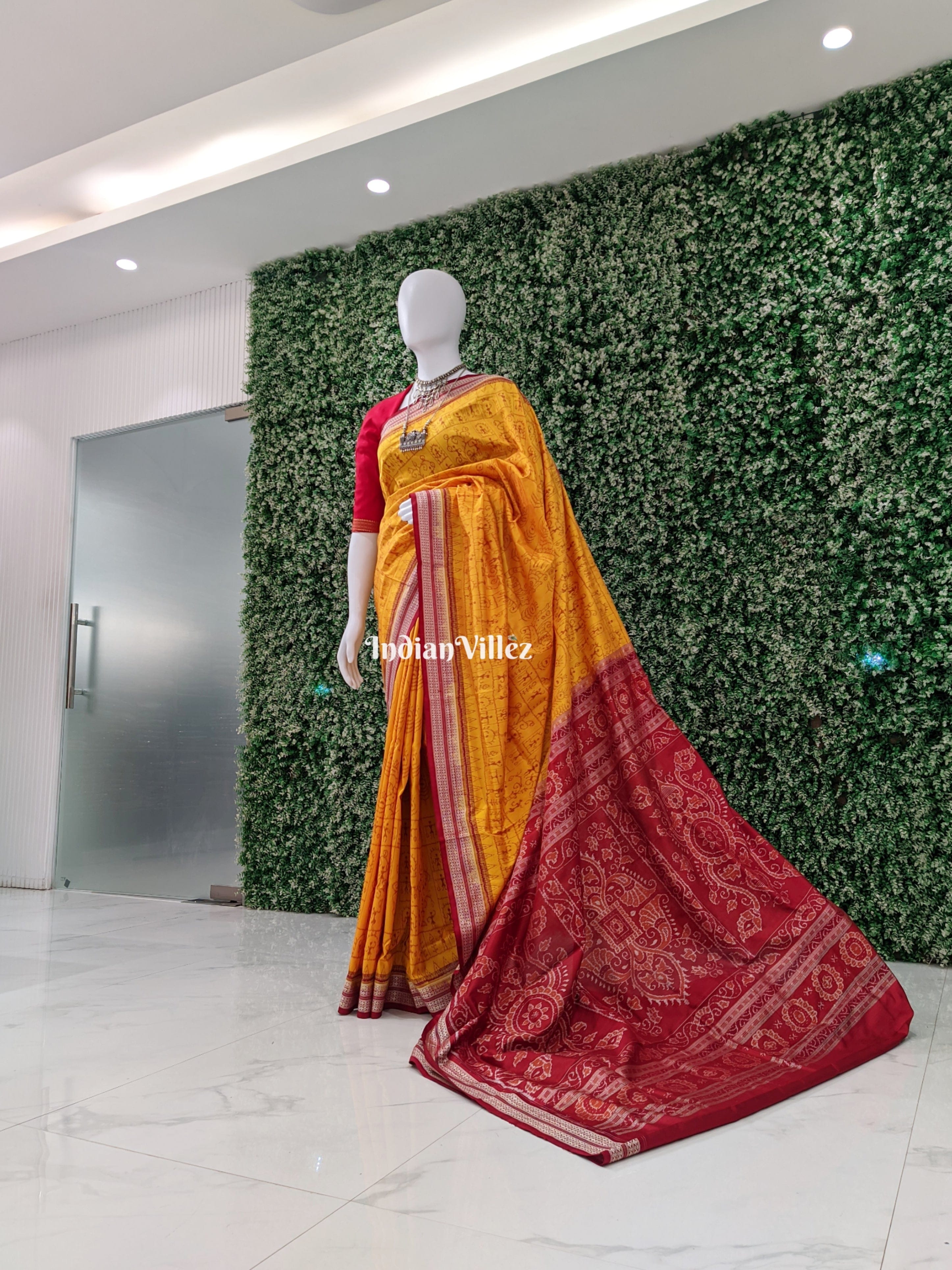 Mustard Yellow Tribal Theme Sambalpuri Ikat Silk Saree