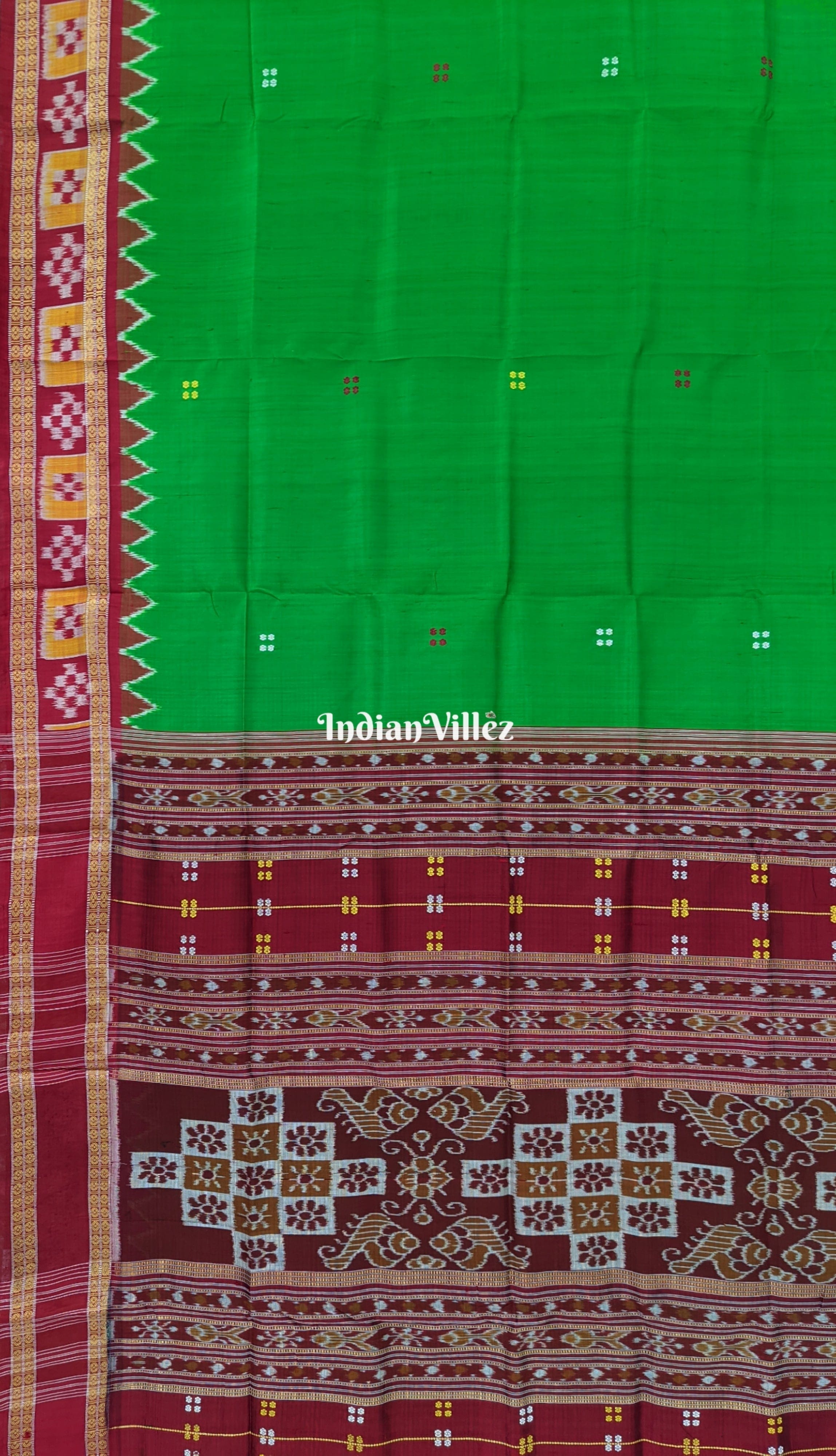 Green Single Border Pasapali Odisha Ikat Khandua Silk Saree ( USA_V )