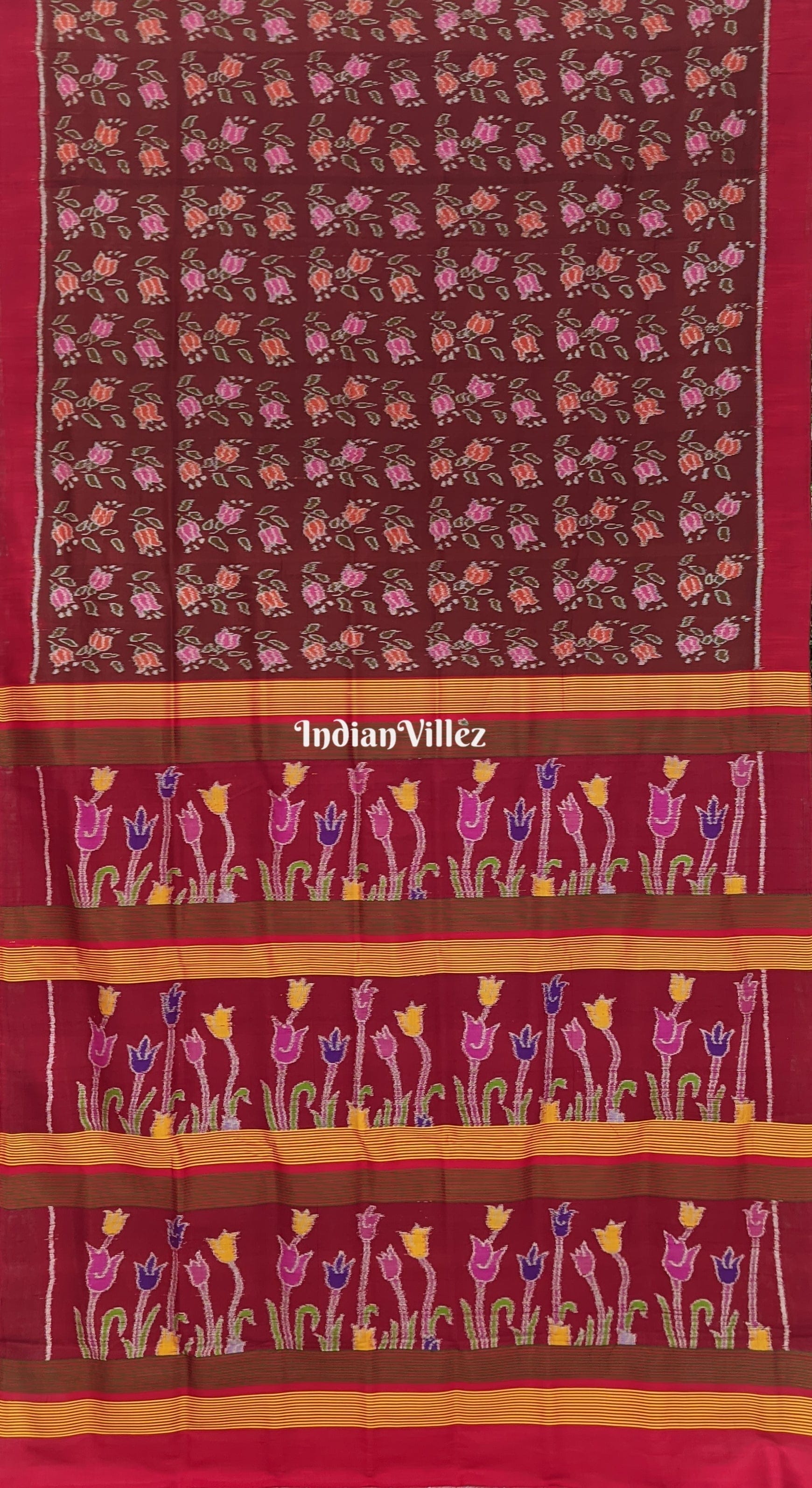Chocolate Brown Floral Themed Odisha Ikat Contemporary Silk Saree