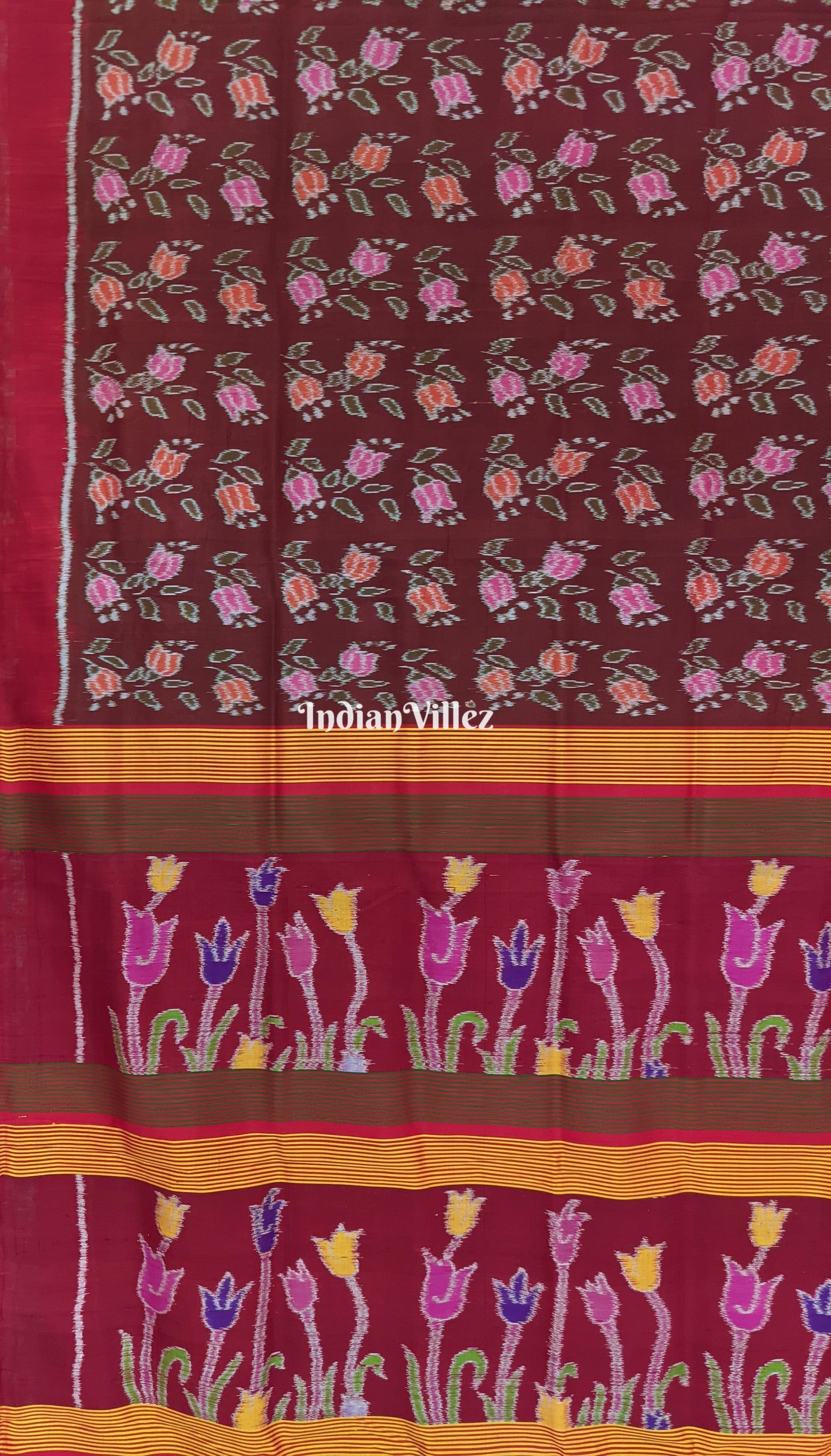 Chocolate Brown Floral Themed Odisha Ikat Contemporary Silk Saree