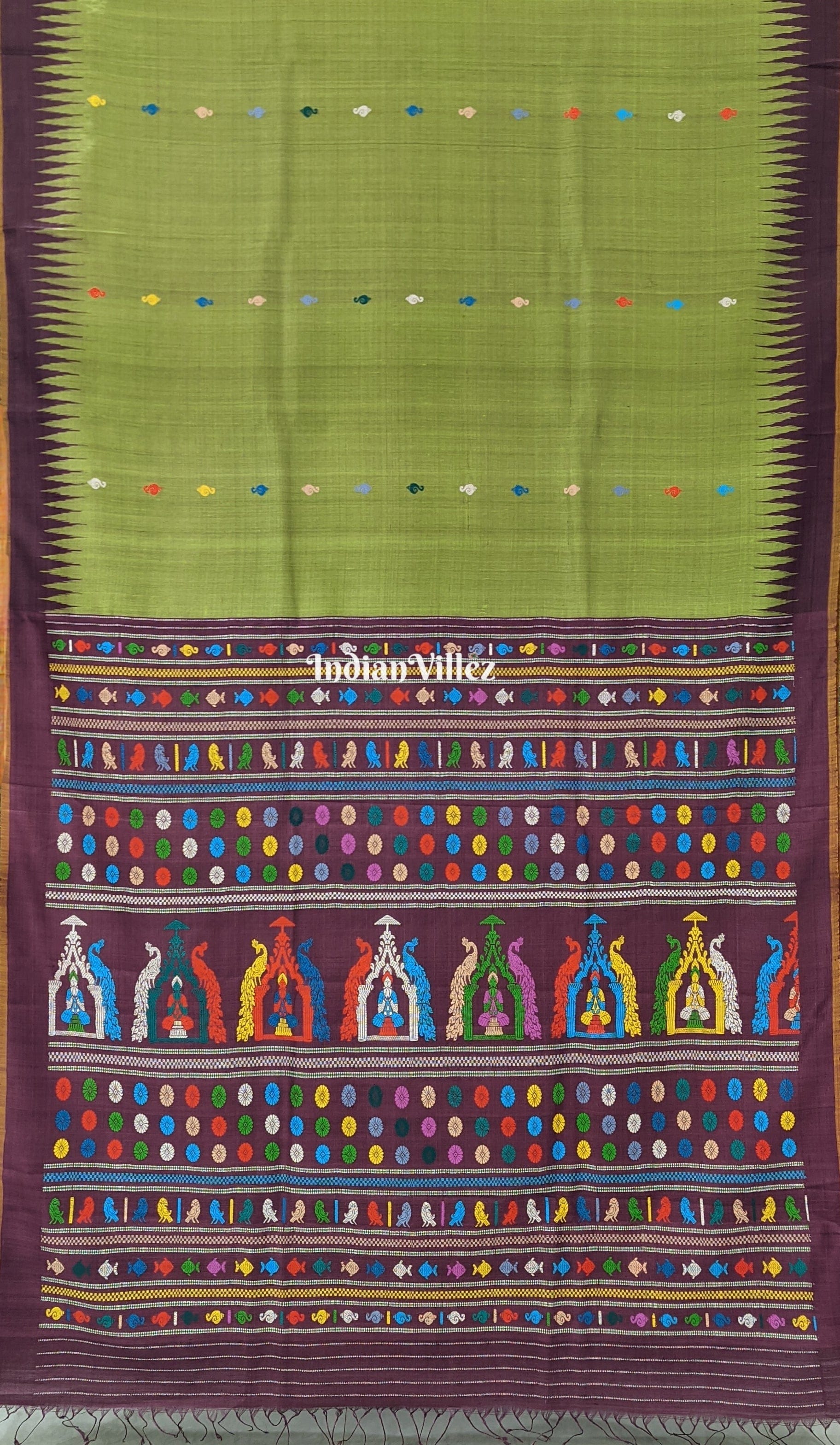 Parrot Green Buddha Theme Gopalpur Tussar Silk Saree